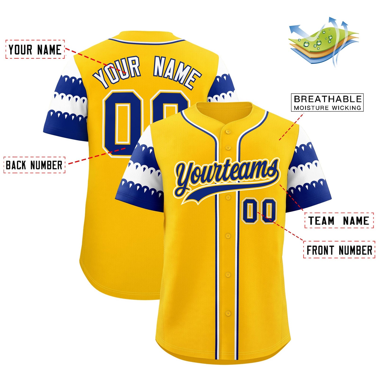 Custom Gold Royal White Sleeve Flag Lace Baseball Jersey | Sublimation Printed & Embroidery,Add Name and Numbern,Perfect for Teams | KXKSHOP