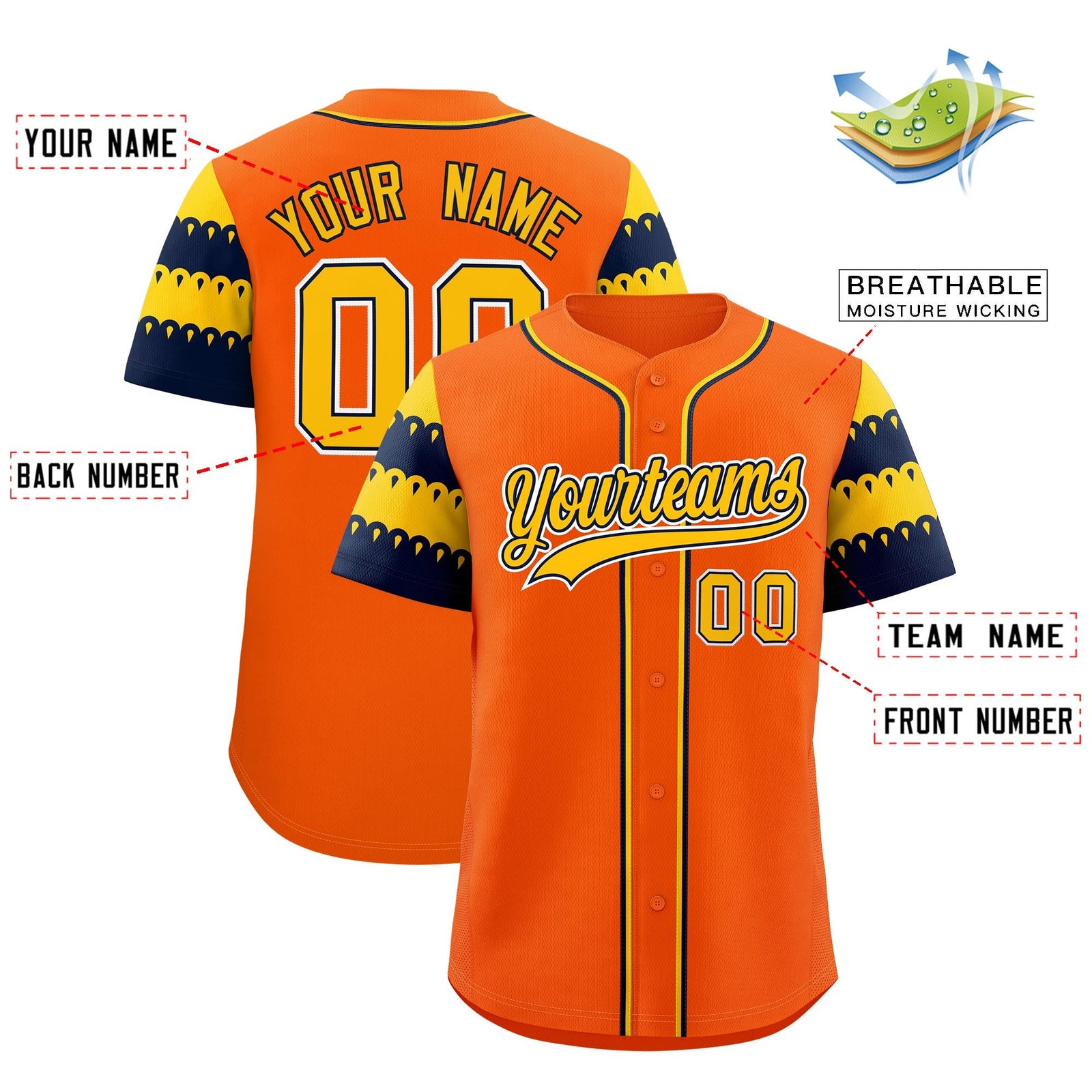 Custom Orange Gold Navy Sleeve Flag Lace Baseball Jersey | Sublimation Printed & Embroidery,Add Name and Numbern,Perfect for Teams | KXKSHOP