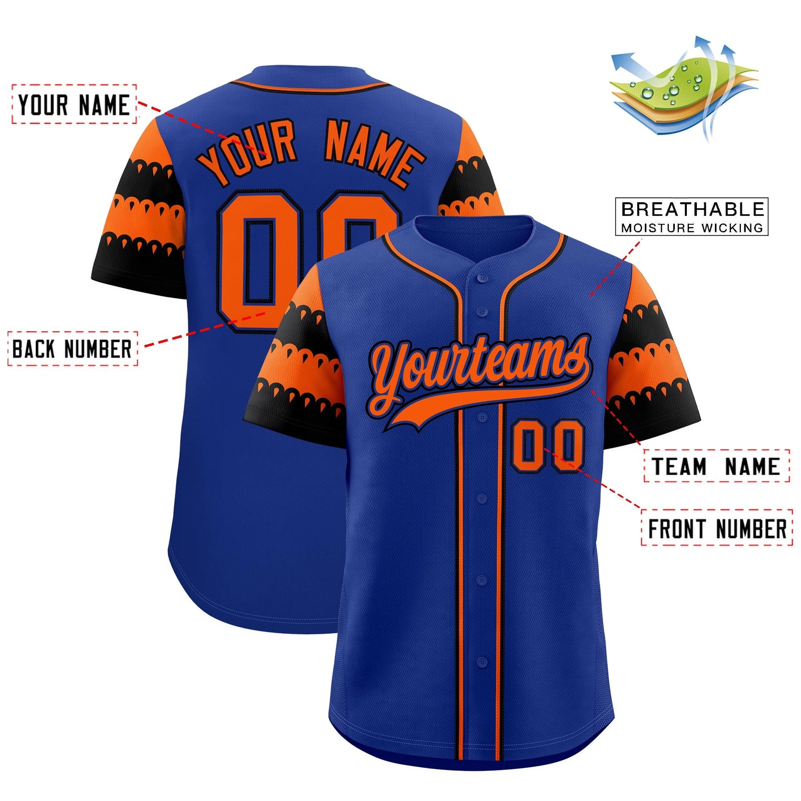 Custom Royal Orange Black Sleeve Flag Lace Baseball Jersey | Sublimation Printed & Embroidery,Add Name and Numbern,Perfect for Teams | KXKSHOP