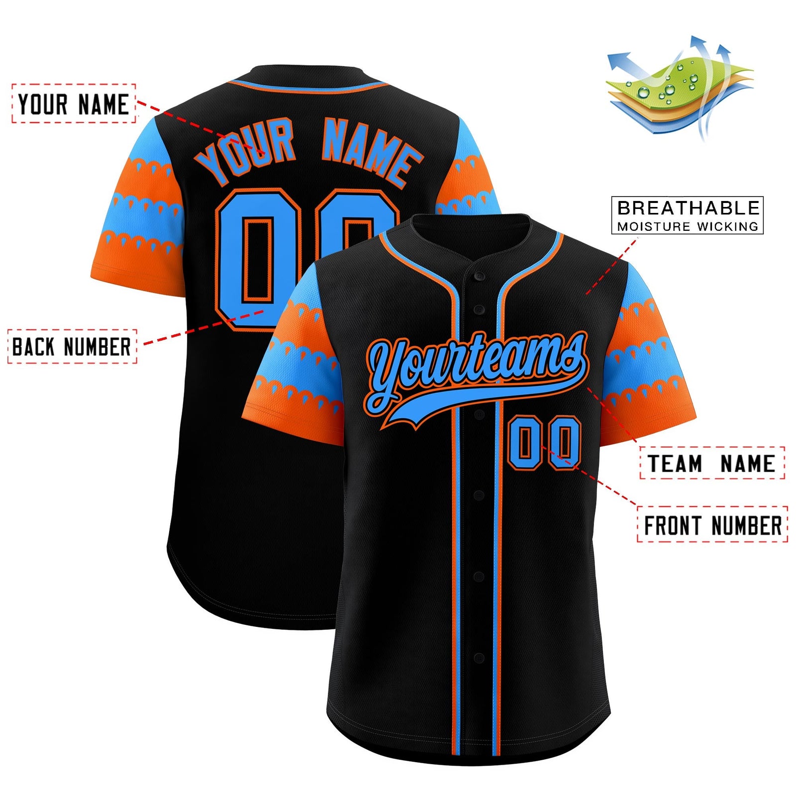 Custom Black Powder Blue Orange Sleeve Flag Lace Baseball Jersey | Sublimation Printed & Embroidery,Add Name and Numbern,Perfect for Teams | KXKSHOP