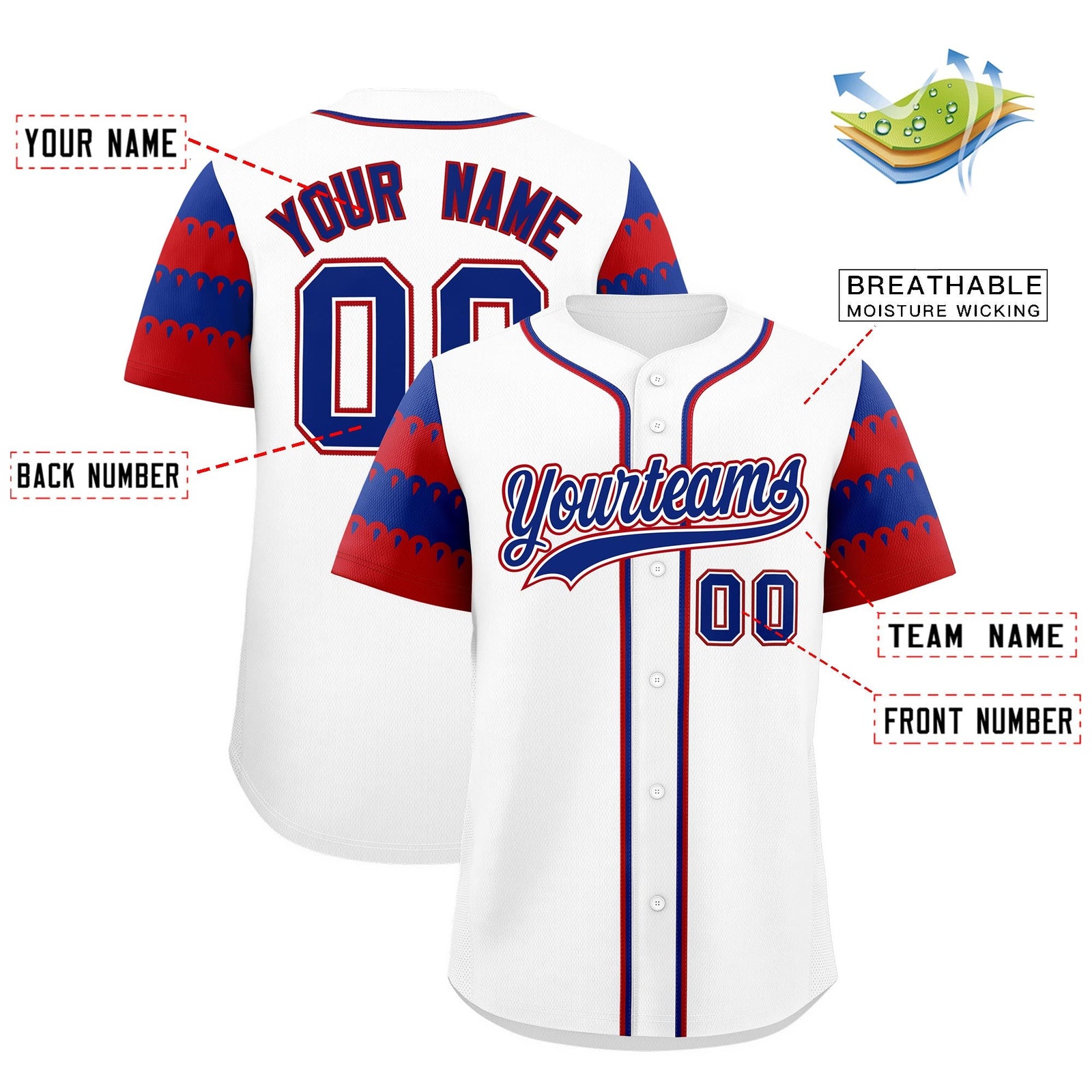 Custom White Red Royal Sleeve Flag Lace Baseball Jersey | Sublimation Printed & Embroidery,Add Name and Numbern,Perfect for Teams | KXKSHOP