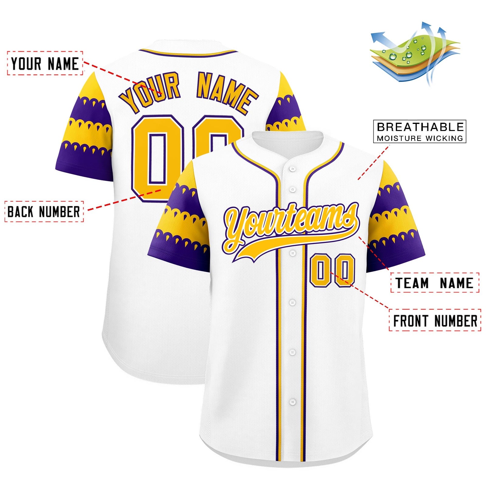 Custom White Gold Purple Sleeve Flag Lace Baseball Jersey | Sublimation Printed & Embroidery,Add Name and Numbern,Perfect for Teams | KXKSHOP