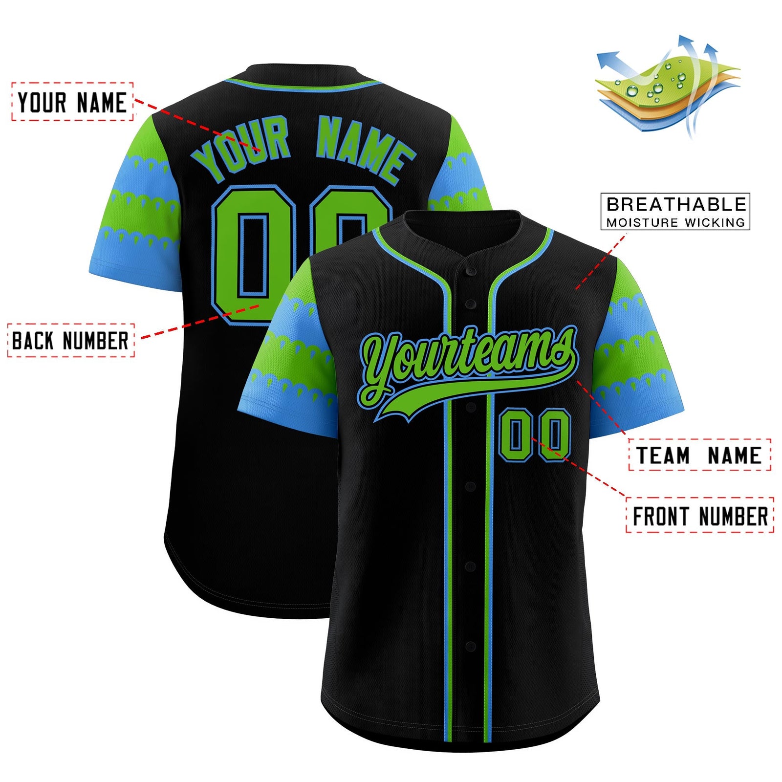Custom Black Green Powder Blue Sleeve Flag Lace Baseball Jersey | Sublimation Printed & Embroidery,Add Name and Numbern,Perfect for Teams | KXKSHOP