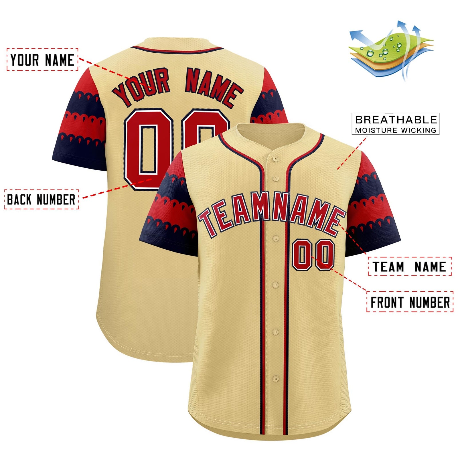 Custom Khaki Red Navy Sleeve Flag Lace Baseball Jersey | Sublimation Printed & Embroidery,Add Name and Numbern,Perfect for Teams | KXKSHOP