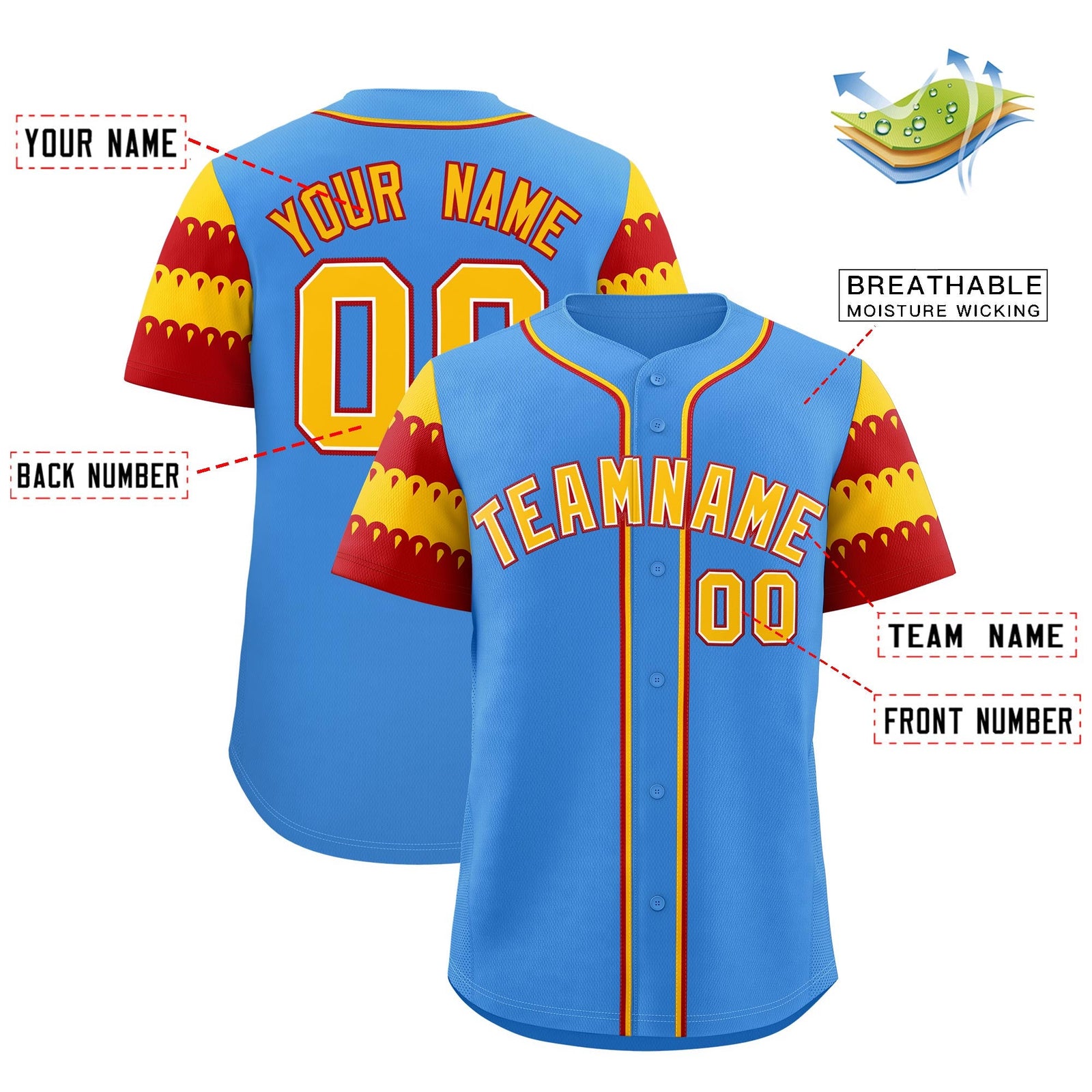 Custom Powder Blue Gold Red Sleeve Flag Lace Baseball Jersey | Sublimation Printed & Embroidery,Add Name and Numbern,Perfect for Teams | KXKSHOP