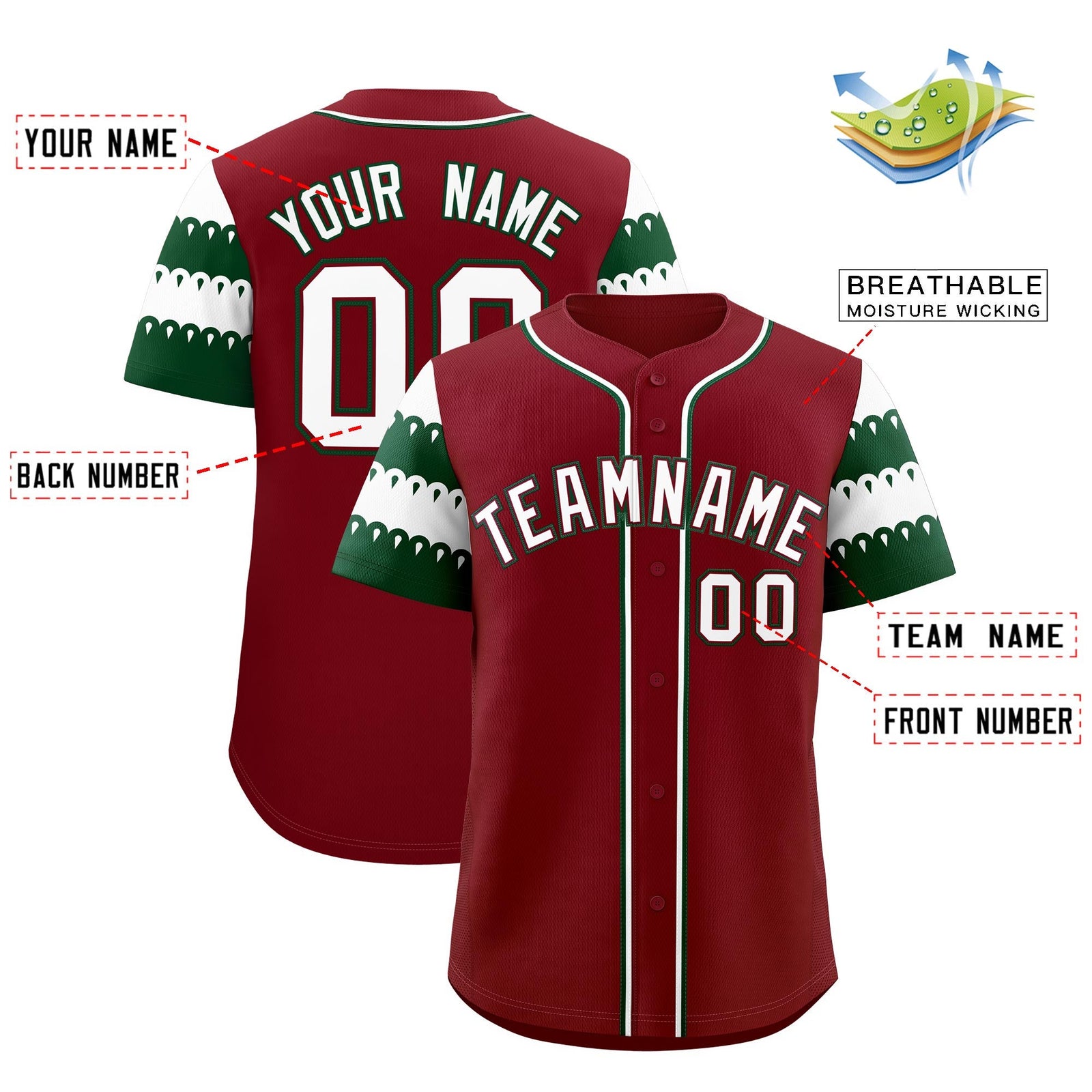 Custom Crimson Green White Sleeve Flag Lace Baseball Jersey | Sublimation Printed & Embroidery,Add Name and Numbern,Perfect for Teams | KXKSHOP