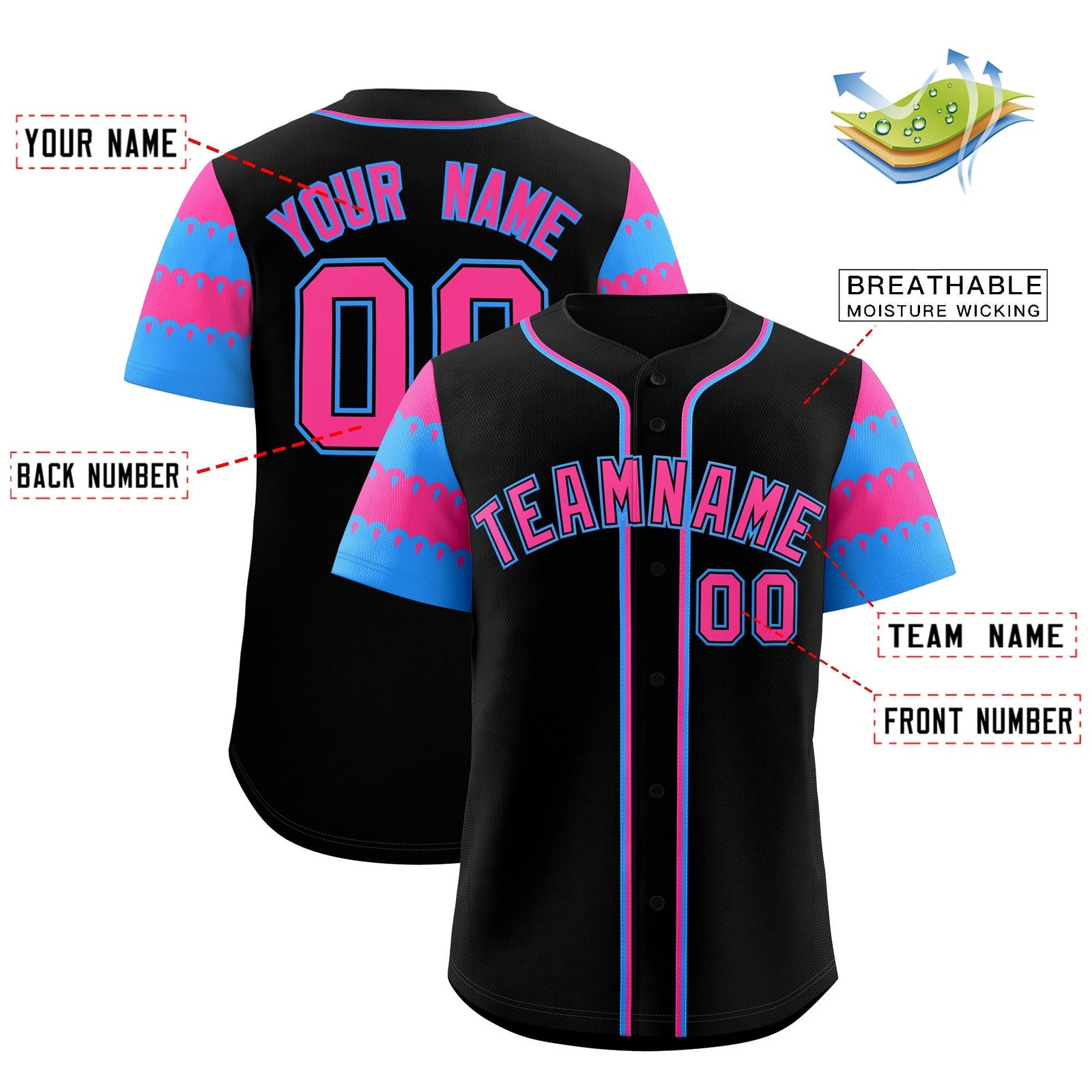 Custom Black Pink Powder Blue Sleeve Flag Lace Baseball Jersey | Sublimation Printed & Embroidery,Add Name and Numbern,Perfect for Teams | KXKSHOP