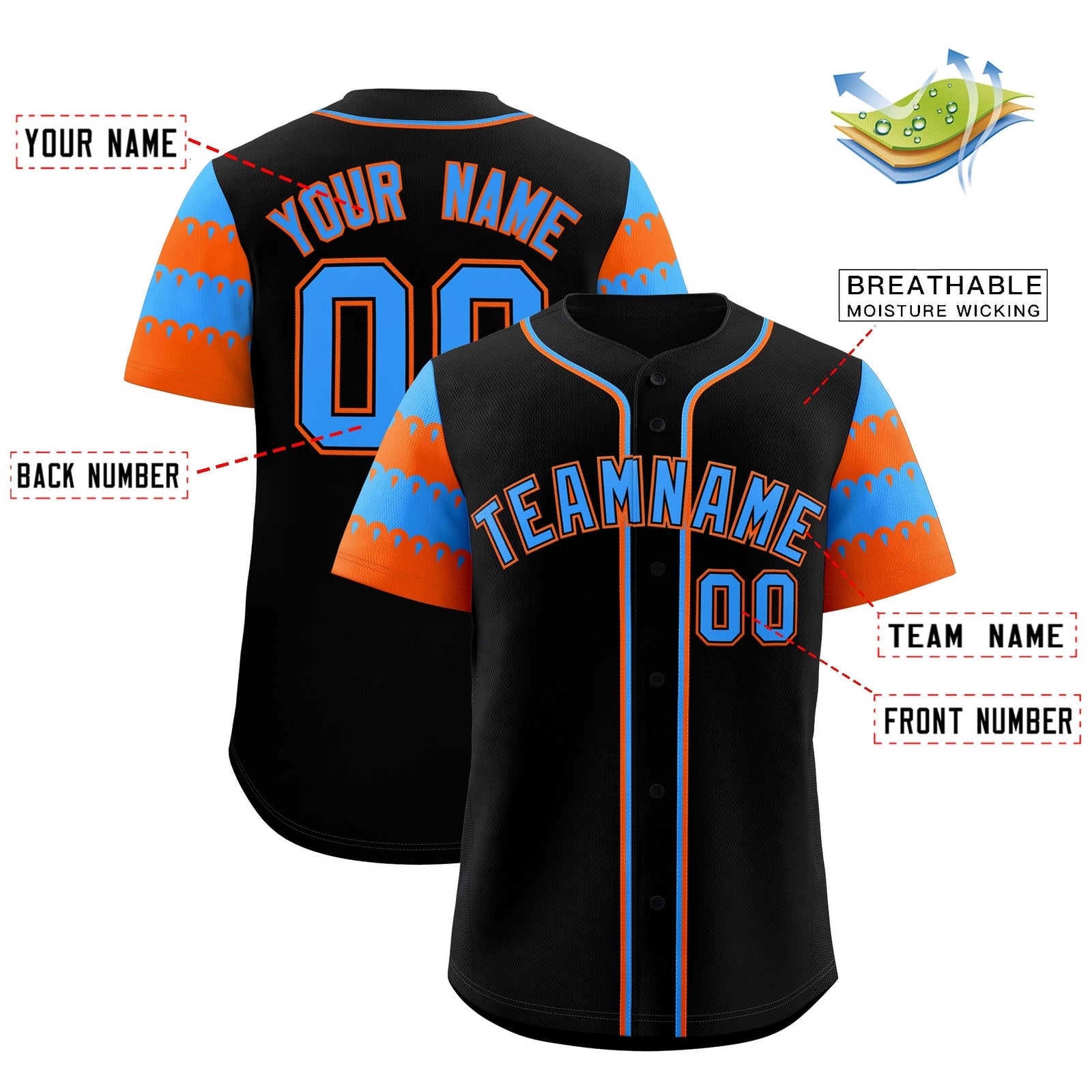 Custom Black Powder Blue Orange Sleeve Flag Lace Baseball Jersey | Sublimation Printed & Embroidery,Add Name and Numbern,Perfect for Teams | KXKSHOP