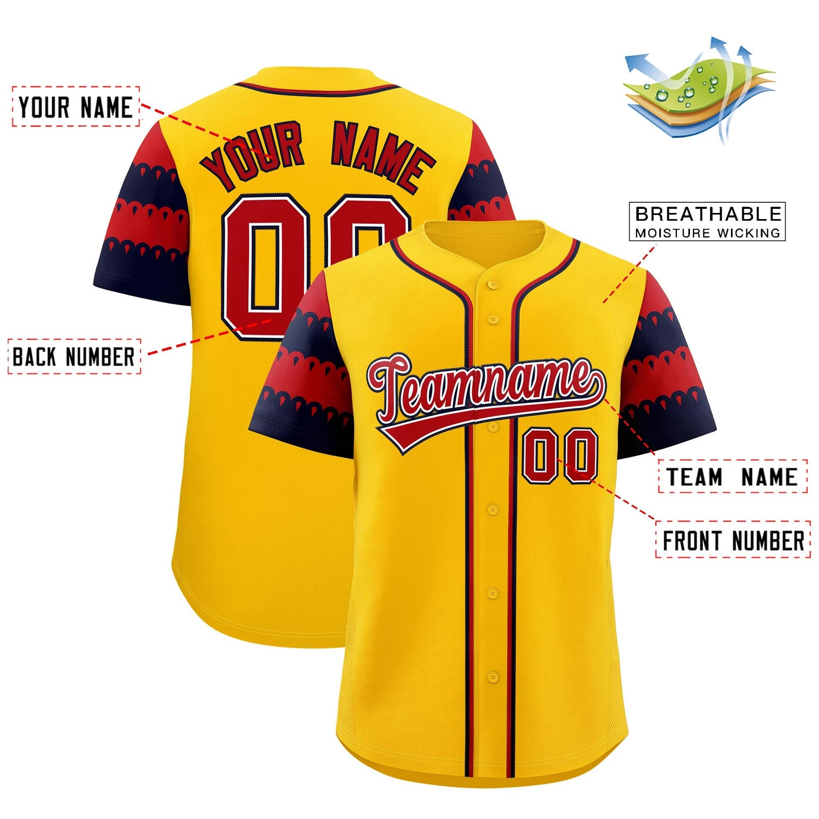 Custom Gold Navy Red Sleeve Flag Lace Baseball Jersey | Sublimation Printed & Embroidery,Add Name and Numbern,Perfect for Teams | KXKSHOP