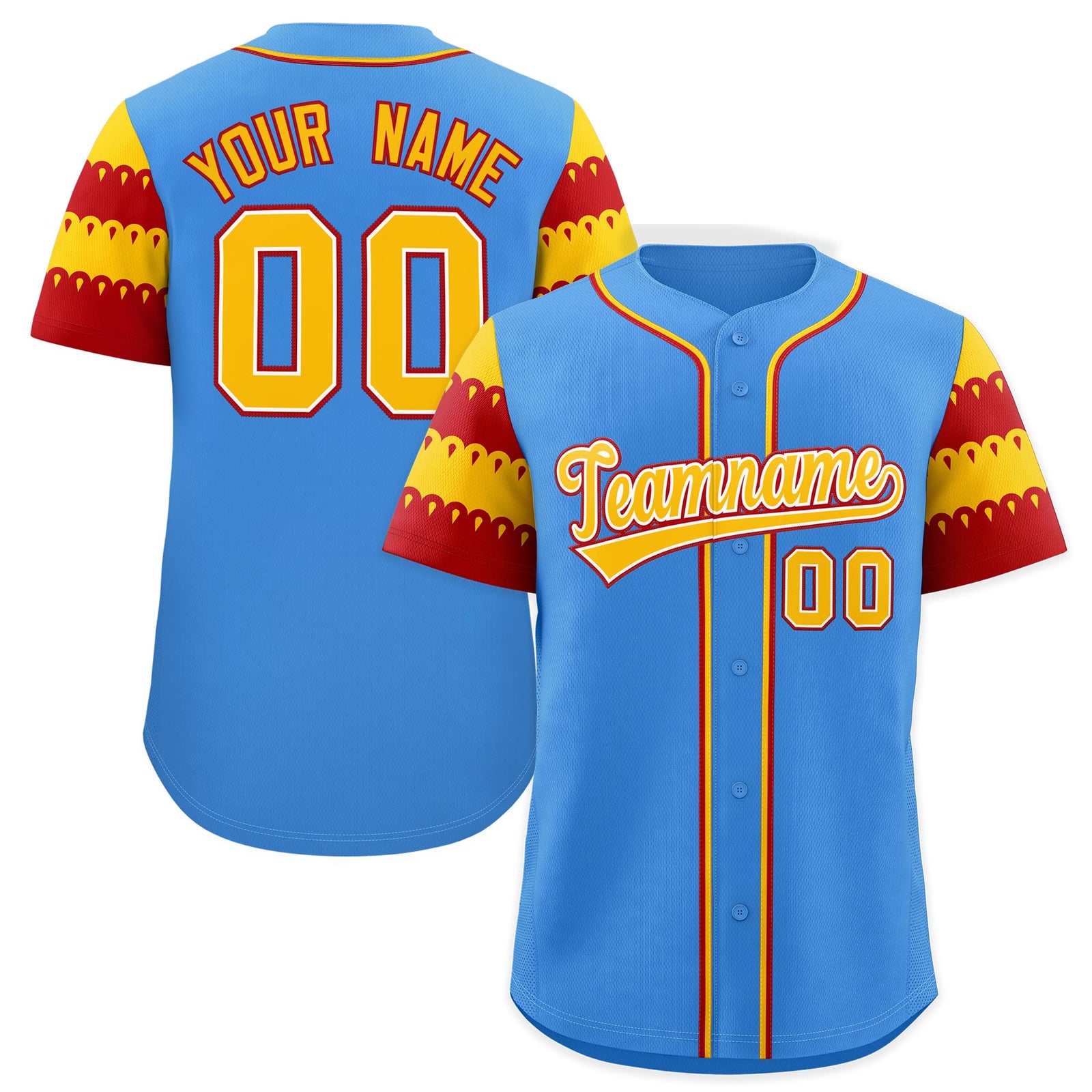 Custom Powder Blue Gold Red Sleeve Flag Lace Baseball Jersey | Sublimation Printed & Embroidery,Add Name and Numbern,Perfect for Teams | KXKSHOP