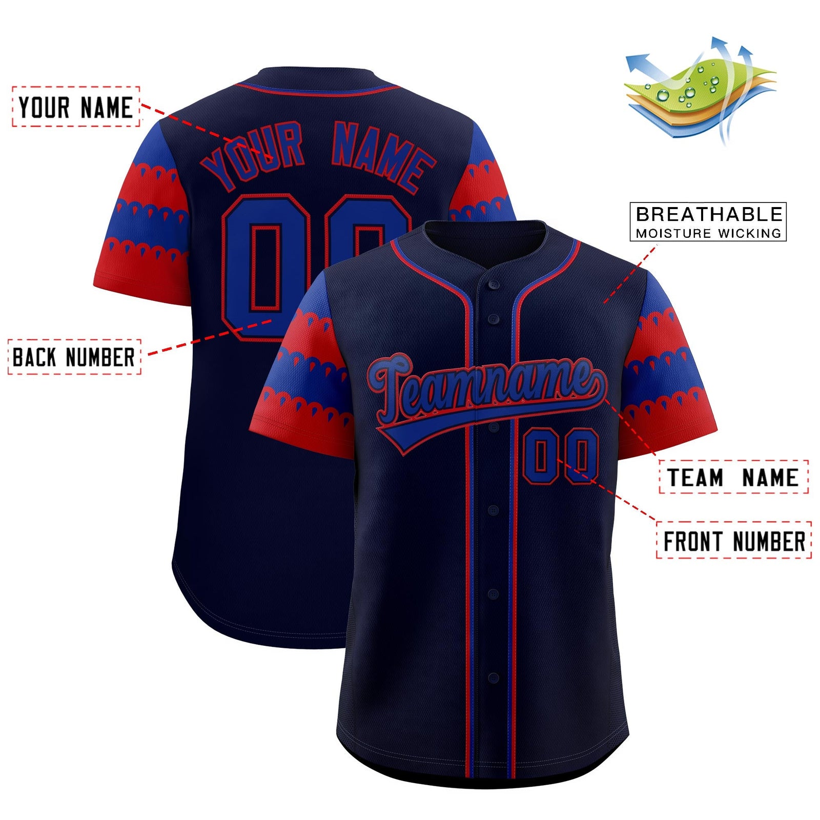 Custom Navy Red Royal Sleeve Flag Lace Baseball Jersey | Sublimation Printed & Embroidery,Add Name and Numbern,Perfect for Teams | KXKSHOP