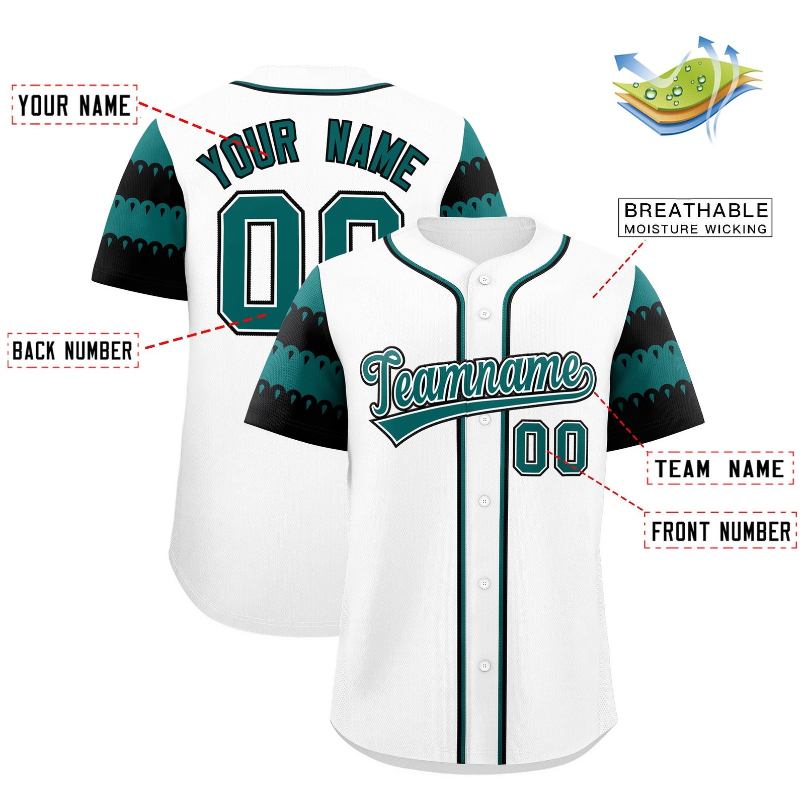 Custom White Teal Black Sleeve Flag Lace Baseball Jersey | Sublimation Printed & Embroidery,Add Name and Numbern,Perfect for Teams | KXKSHOP