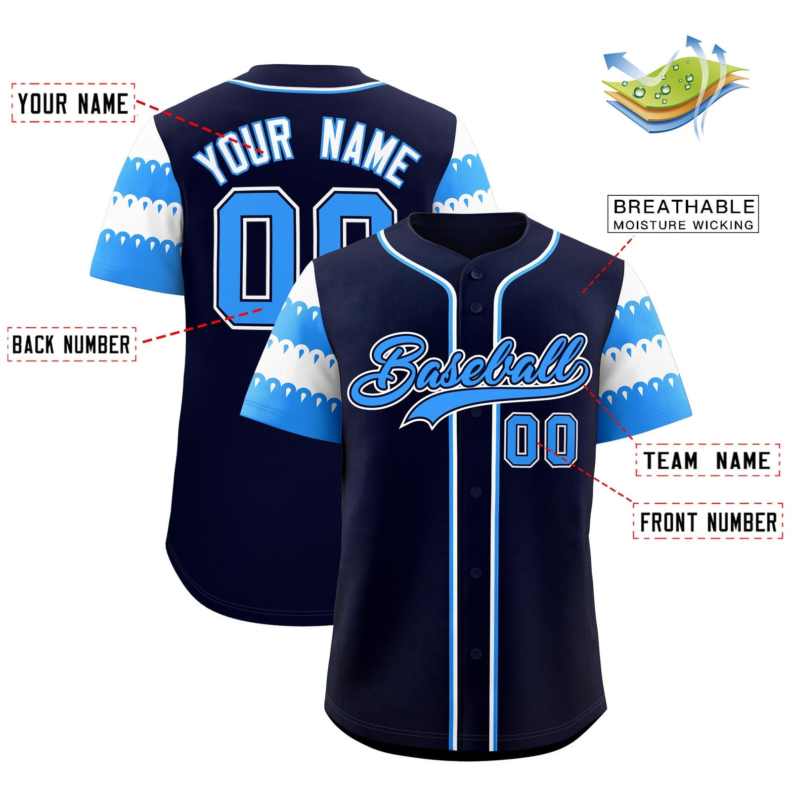 Custom Black Powder Blue White Sleeve Flag Lace Baseball Jersey | Sublimation Printed & Embroidery,Add Name and Numbern,Perfect for Teams | KXKSHOP