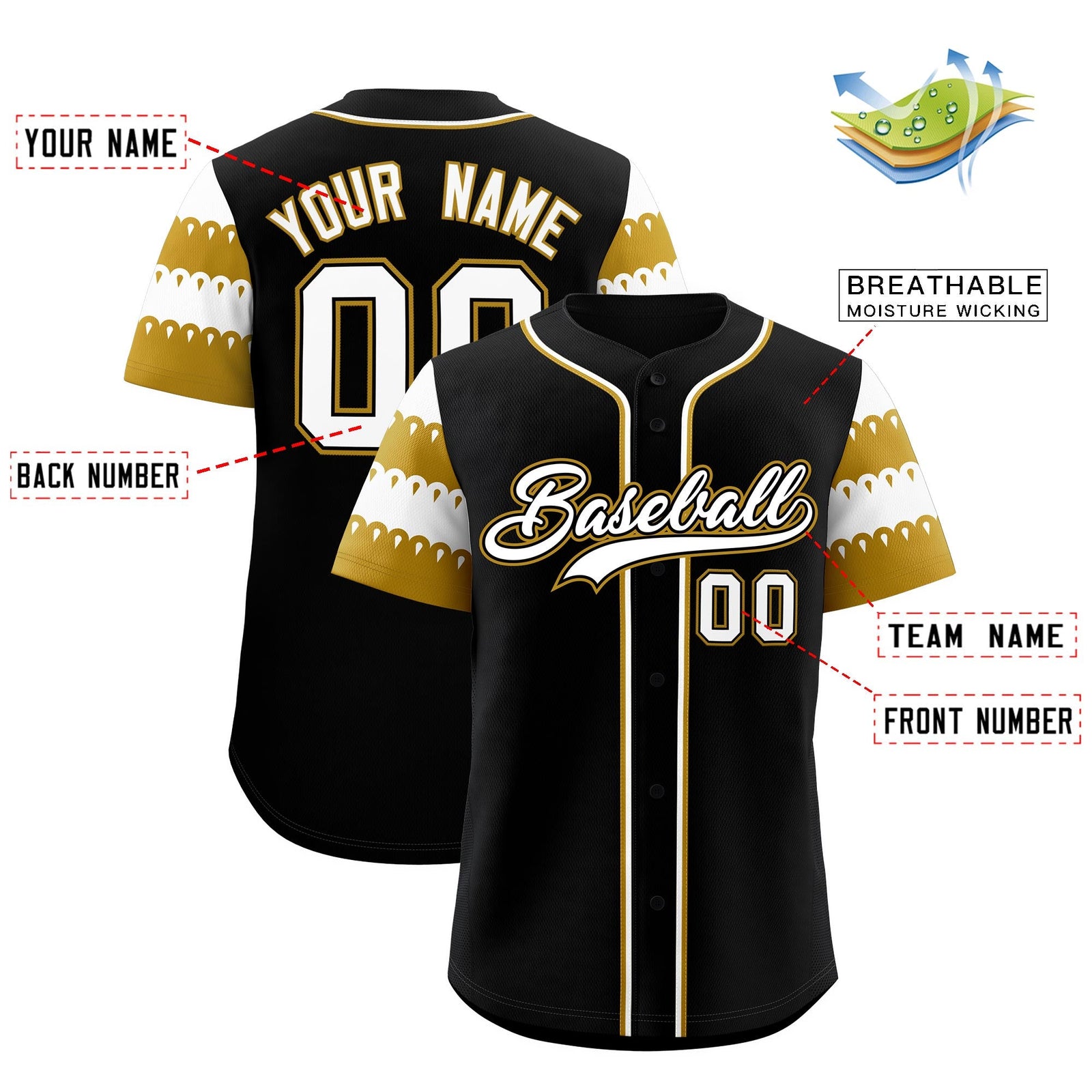 Custom Black Old Gold White Sleeve Flag Lace Baseball Jersey | Sublimation Printed & Embroidery,Add Name and Numbern,Perfect for Teams | KXKSHOP