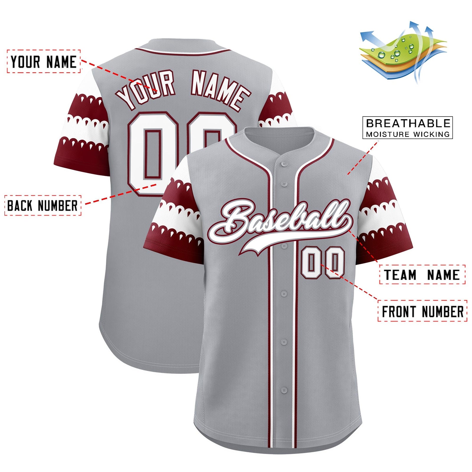 Custom Gray Maroon White Sleeve Flag Lace Baseball Jersey | Sublimation Printed & Embroidery,Add Name and Numbern,Perfect for Teams | KXKSHOP