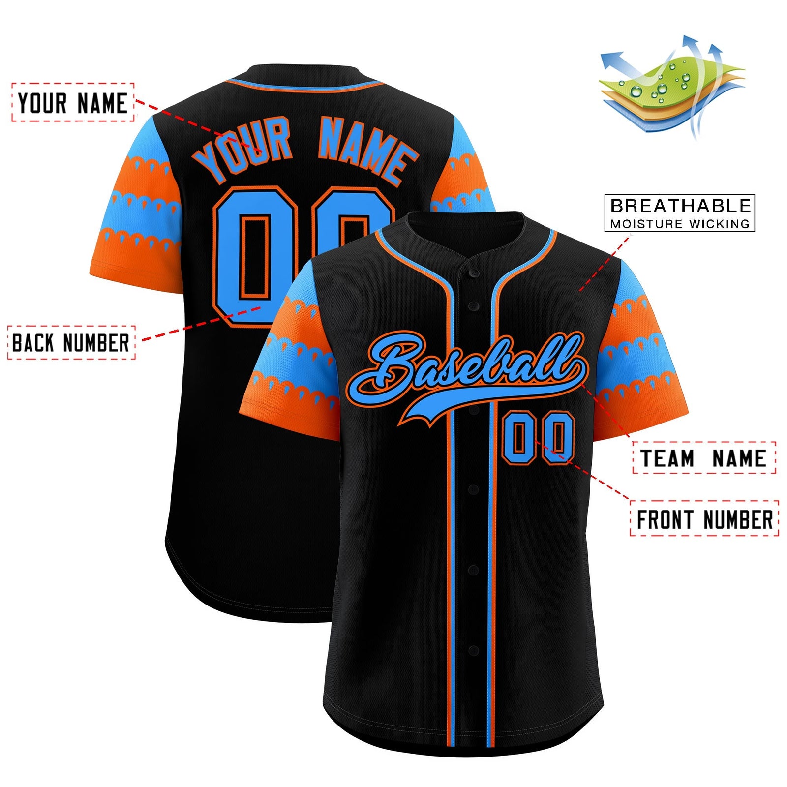 Custom Black Powder Blue Orange Sleeve Flag Lace Baseball Jersey | Sublimation Printed & Embroidery,Add Name and Numbern,Perfect for Teams | KXKSHOP