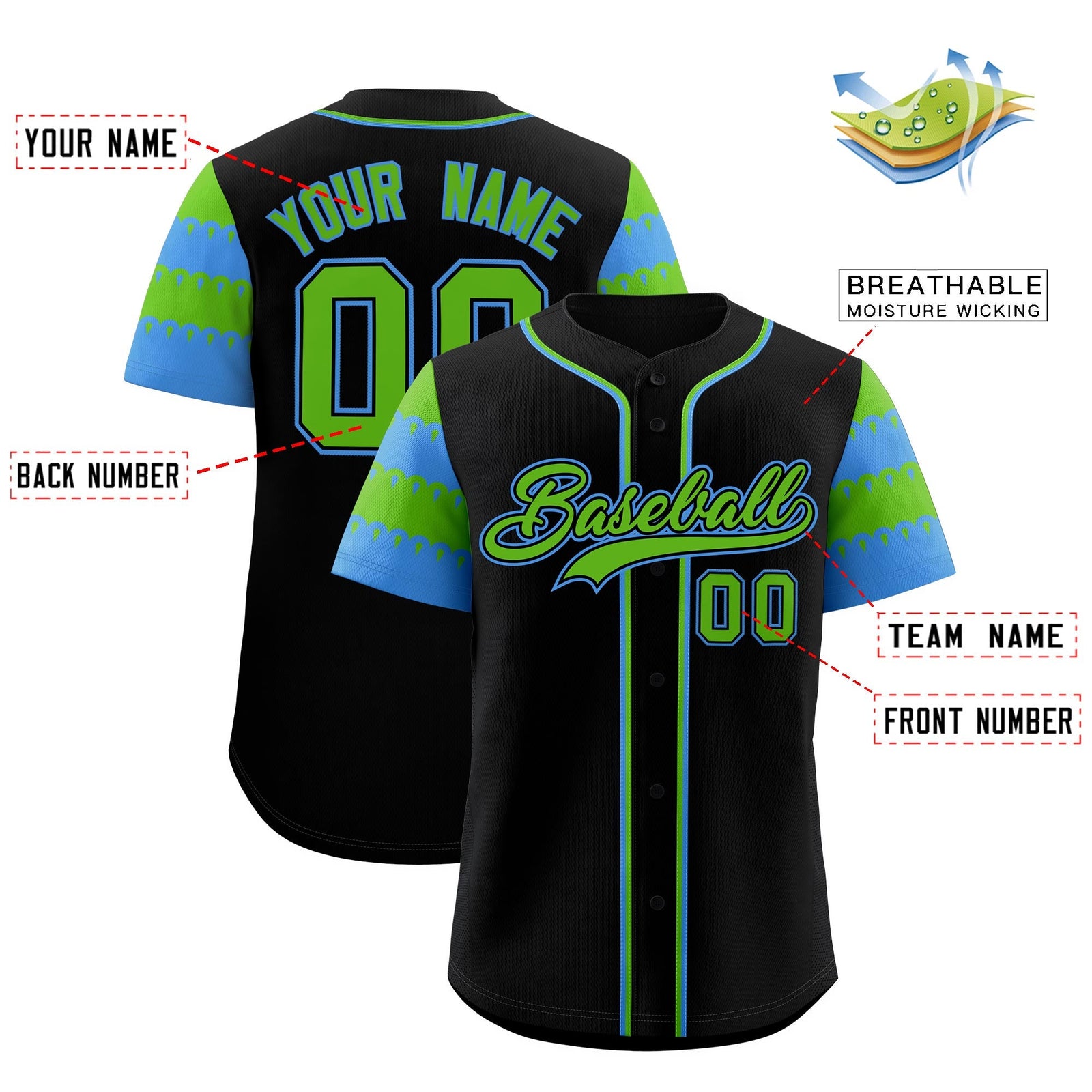 Custom Black Green Powder Blue Sleeve Flag Lace Baseball Jersey | Sublimation Printed & Embroidery,Add Name and Numbern,Perfect for Teams | KXKSHOP
