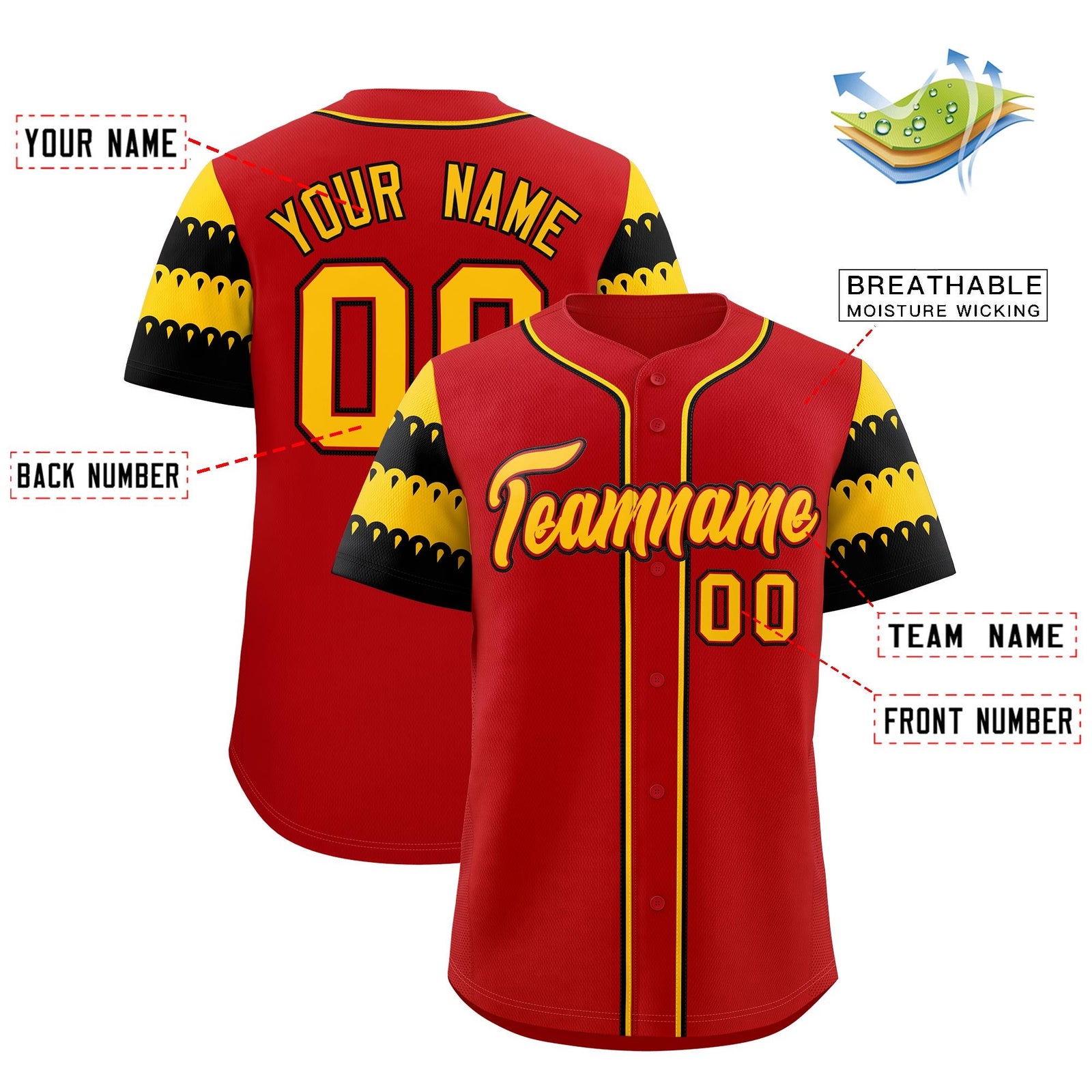 Custom Red Black Gold Sleeve Flag Lace Baseball Jersey | Sublimation Printed & Embroidery,Add Name and Numbern,Perfect for Teams | KXKSHOP