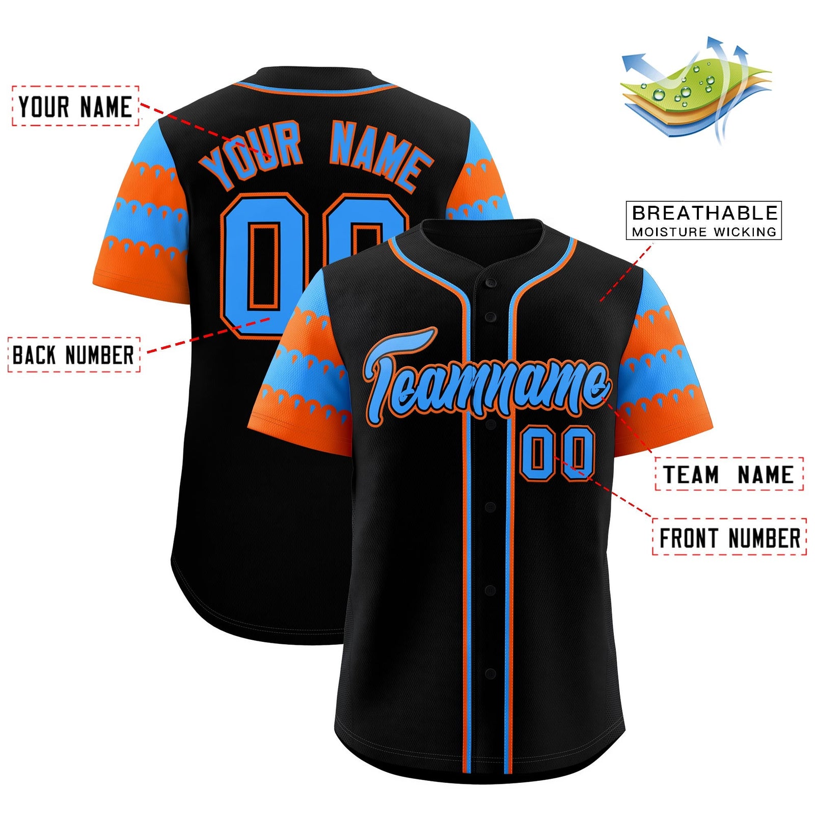 Custom Black Powder Blue Orange Sleeve Flag Lace Baseball Jersey | Sublimation Printed & Embroidery,Add Name and Numbern,Perfect for Teams | KXKSHOP