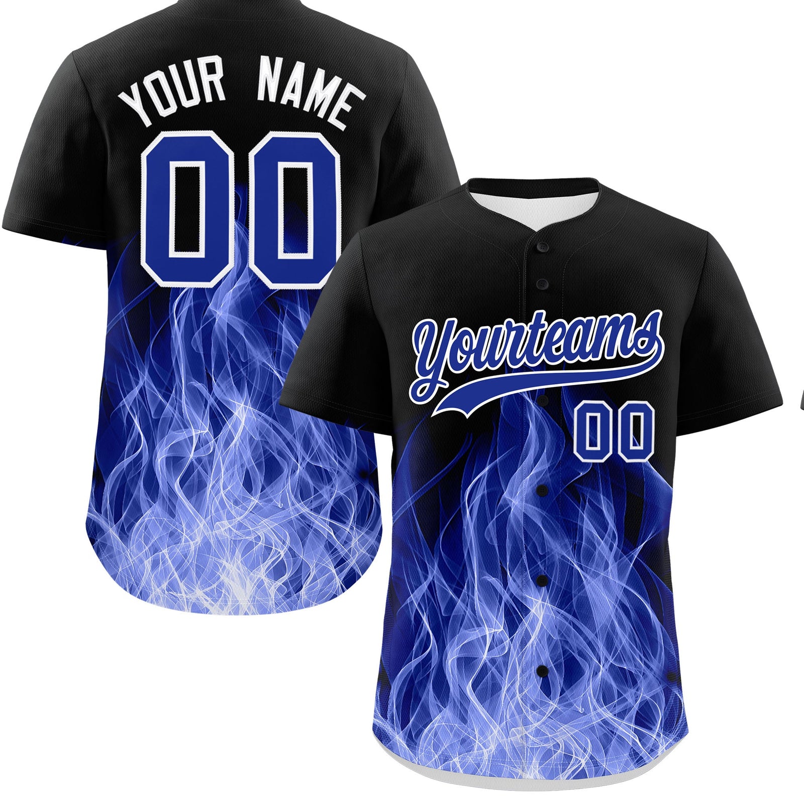 Custom Black Royal Blue White Flame Graffiti Pattern Personalization Baseball Jersey| KXKSHOP