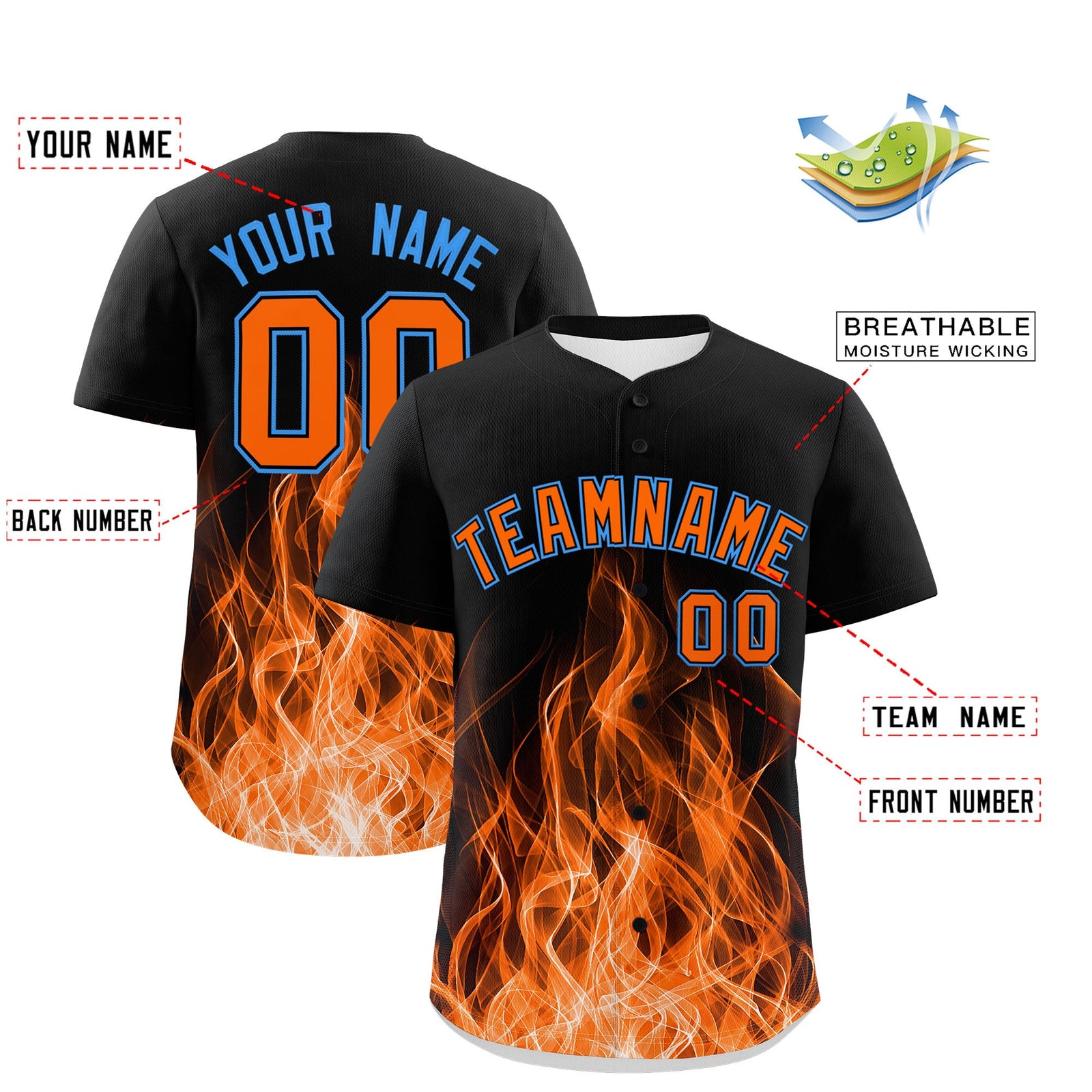 Custom Black Orange Light Blue Flame Graffiti Pattern Personalization Baseball Jersey| KXKSHOP