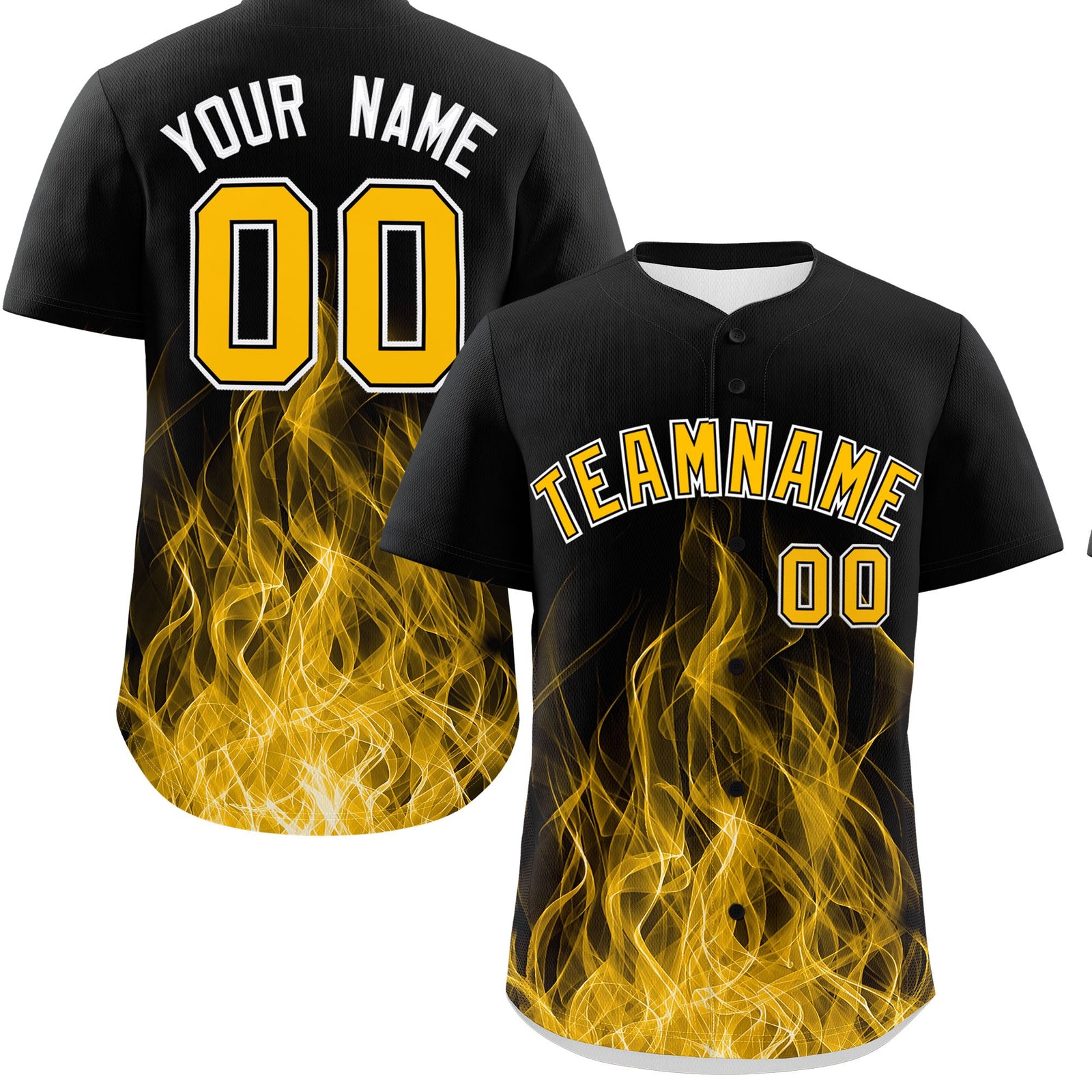 Custom Black Yellow White Flame Graffiti Pattern Personalization Baseball Jersey| KXKSHOP