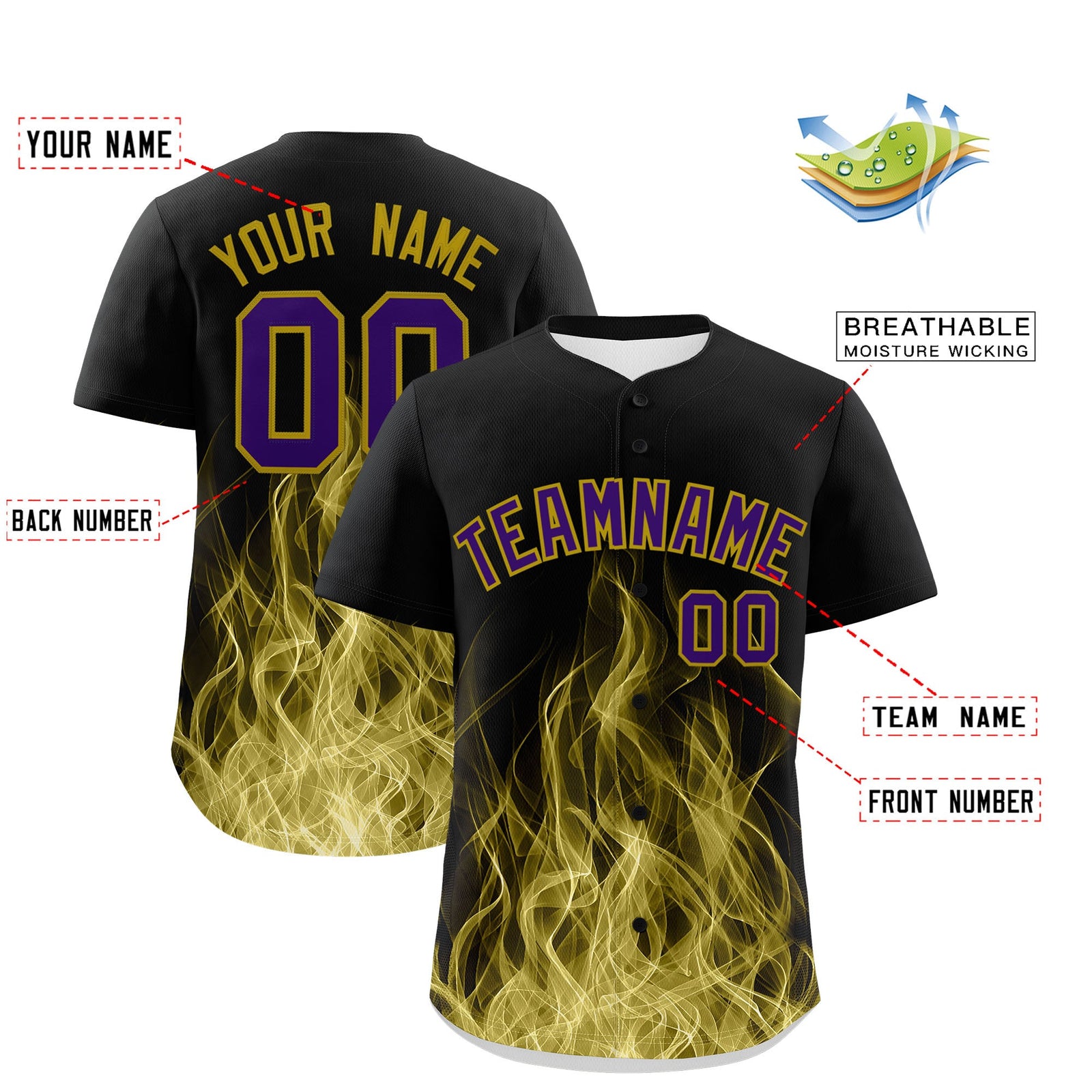 Custom Black Purple Old Gold Flame Graffiti Pattern Personalization Baseball Jersey| KXKSHOP