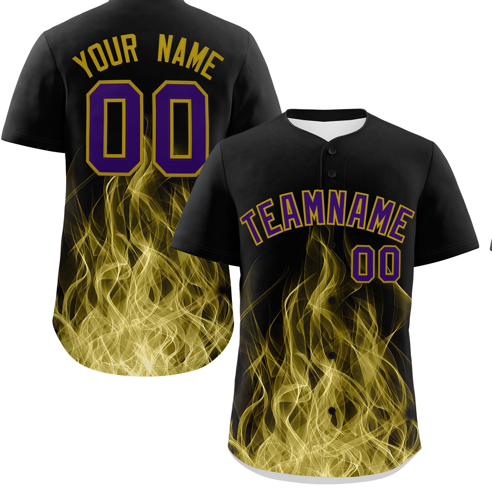 Custom Black Purple Old Gold Flame Graffiti Pattern Personalization Baseball Jersey| KXKSHOP