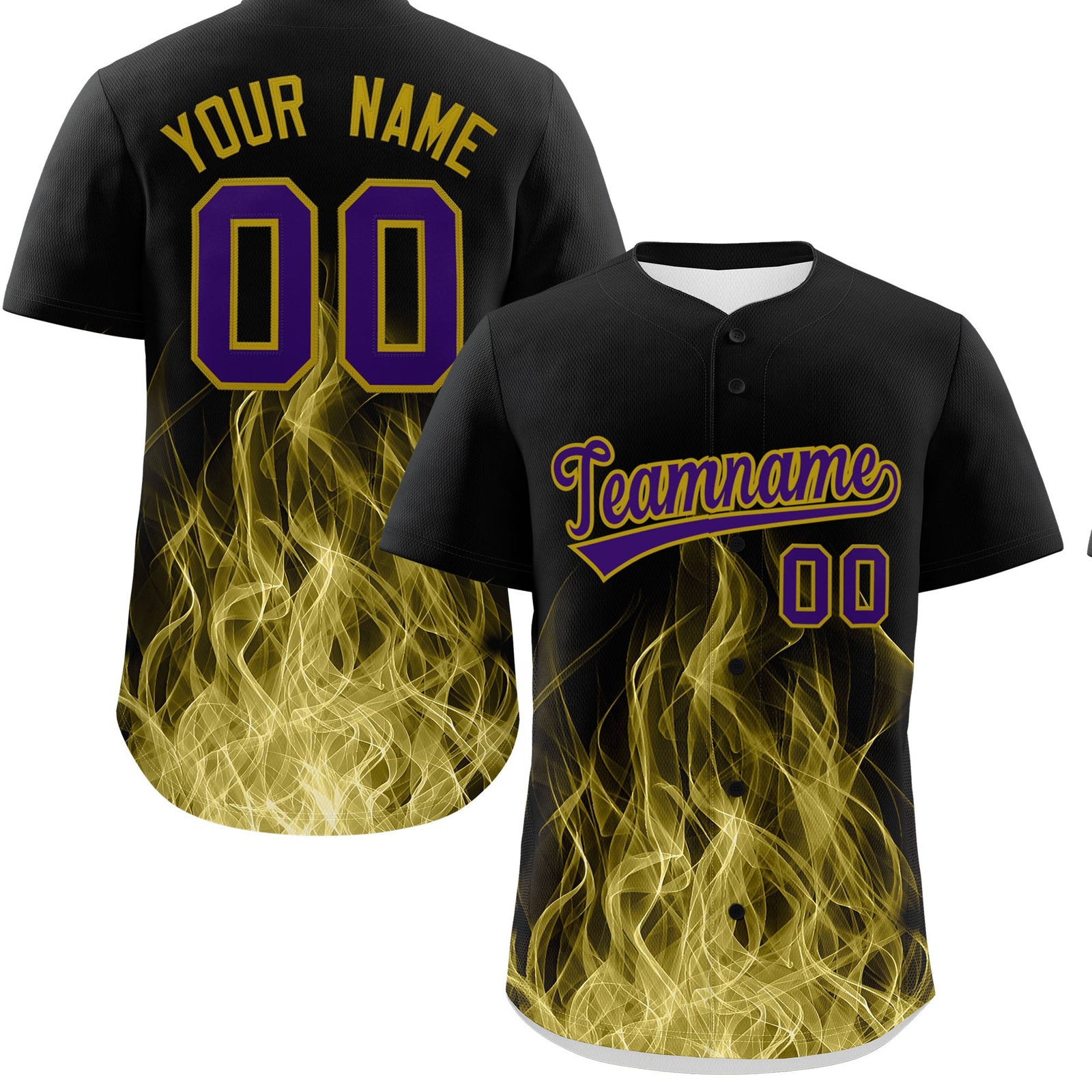 Custom Black Purple Old Gold Flame Graffiti Pattern Personalization Baseball Jersey| KXKSHOP