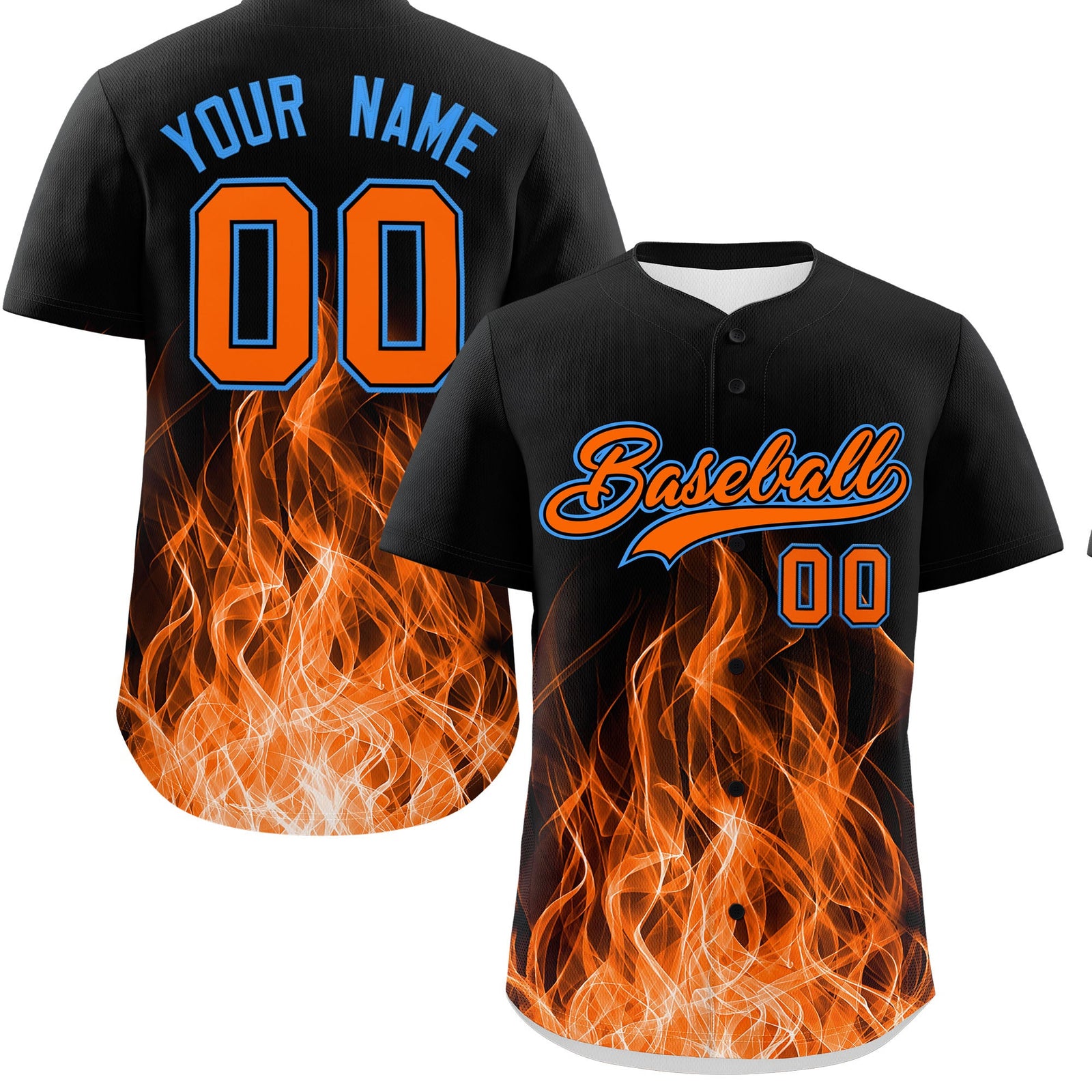 Custom Black Orange Light Blue Flame Graffiti Pattern Personalization Baseball Jersey| KXKSHOP