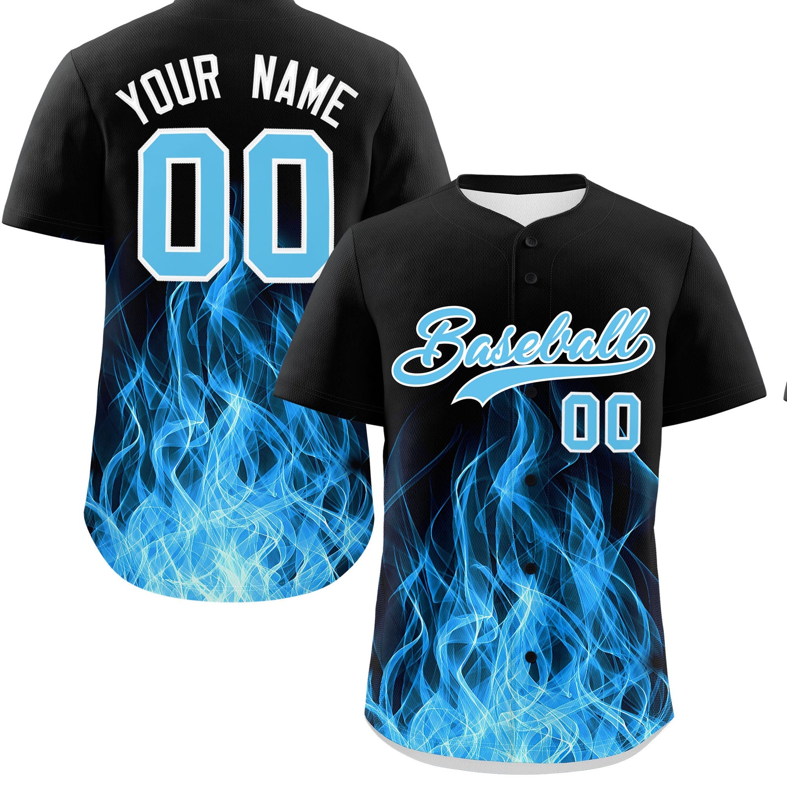 Custom Black Sky Blue White Flame Graffiti Pattern Personalization Baseball Jersey| KXKSHOP