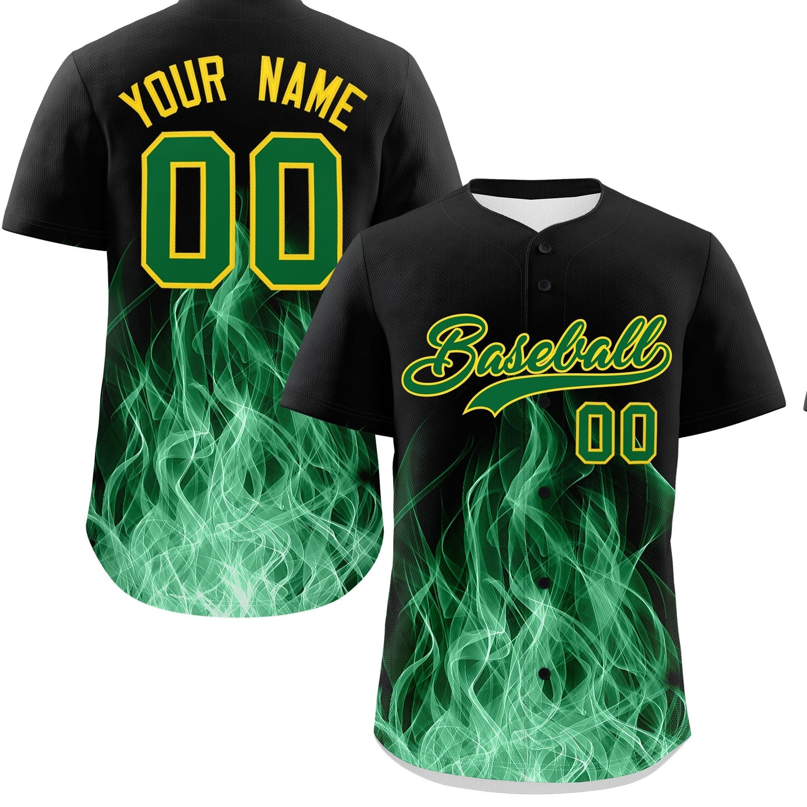 Custom Black Kelly Green Gold Flame Graffiti Pattern Personalization Baseball Jersey| KXKSHOP