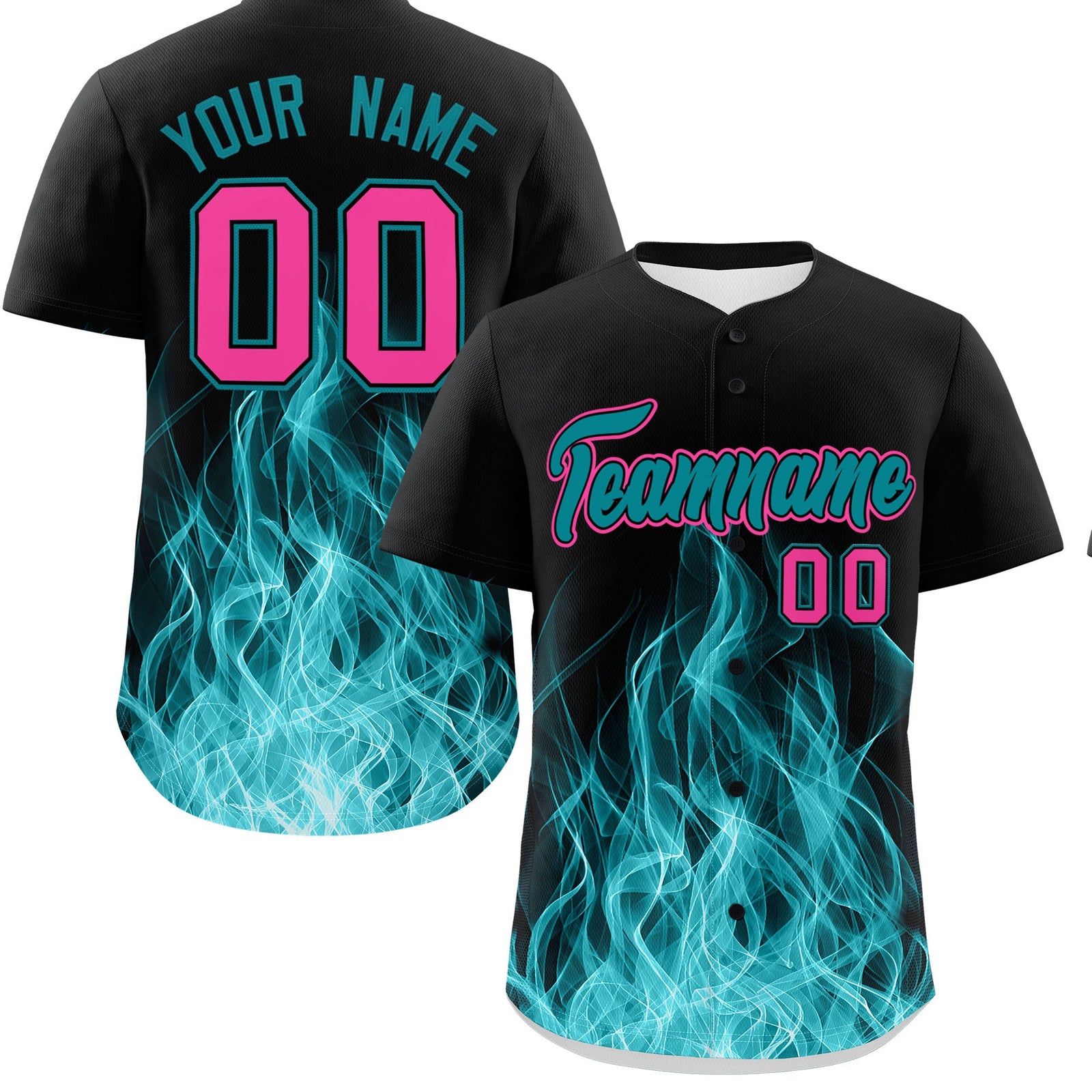Custom Black Teal Pink Flame Graffiti Pattern Personalization Baseball Jersey| KXKSHOP