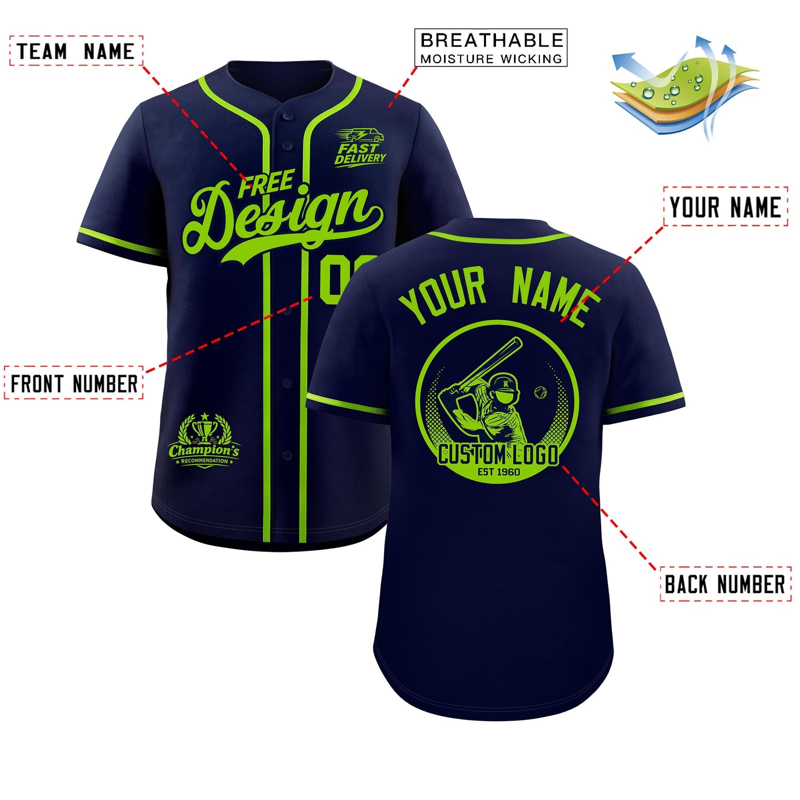 Custom Navy Neon Green Classic Style Stitched Sports Uniform Personalized For Teams Baseball Jersey| KXKSHOP