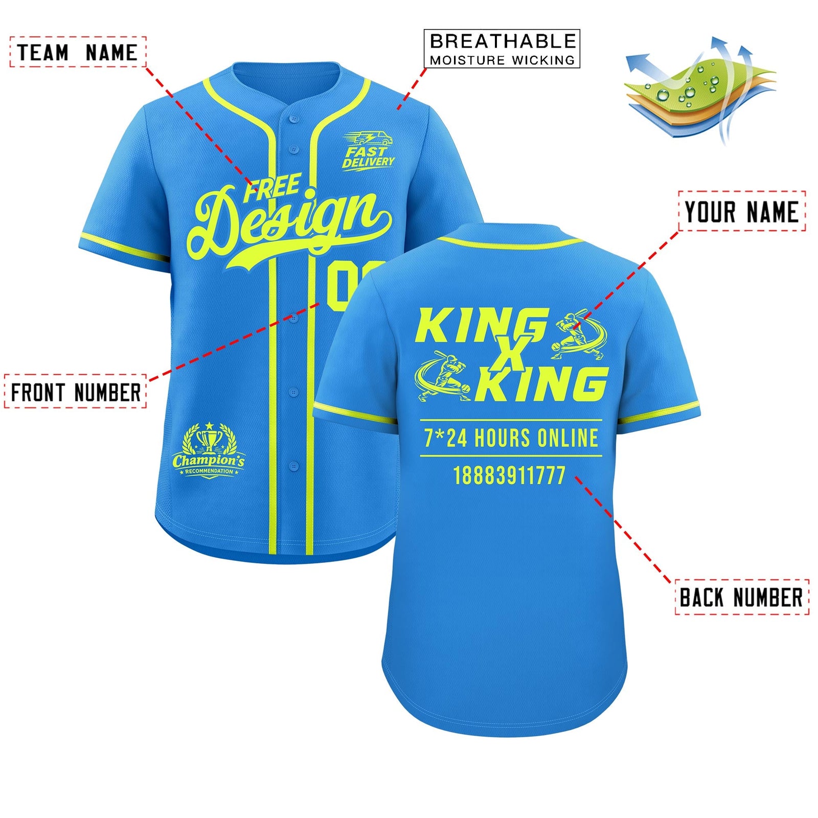 Custom Light Blue Fluorescent Green Classic Style Stitched Sports Uniform Personalized For Teams Baseball Jersey| KXKSHOP