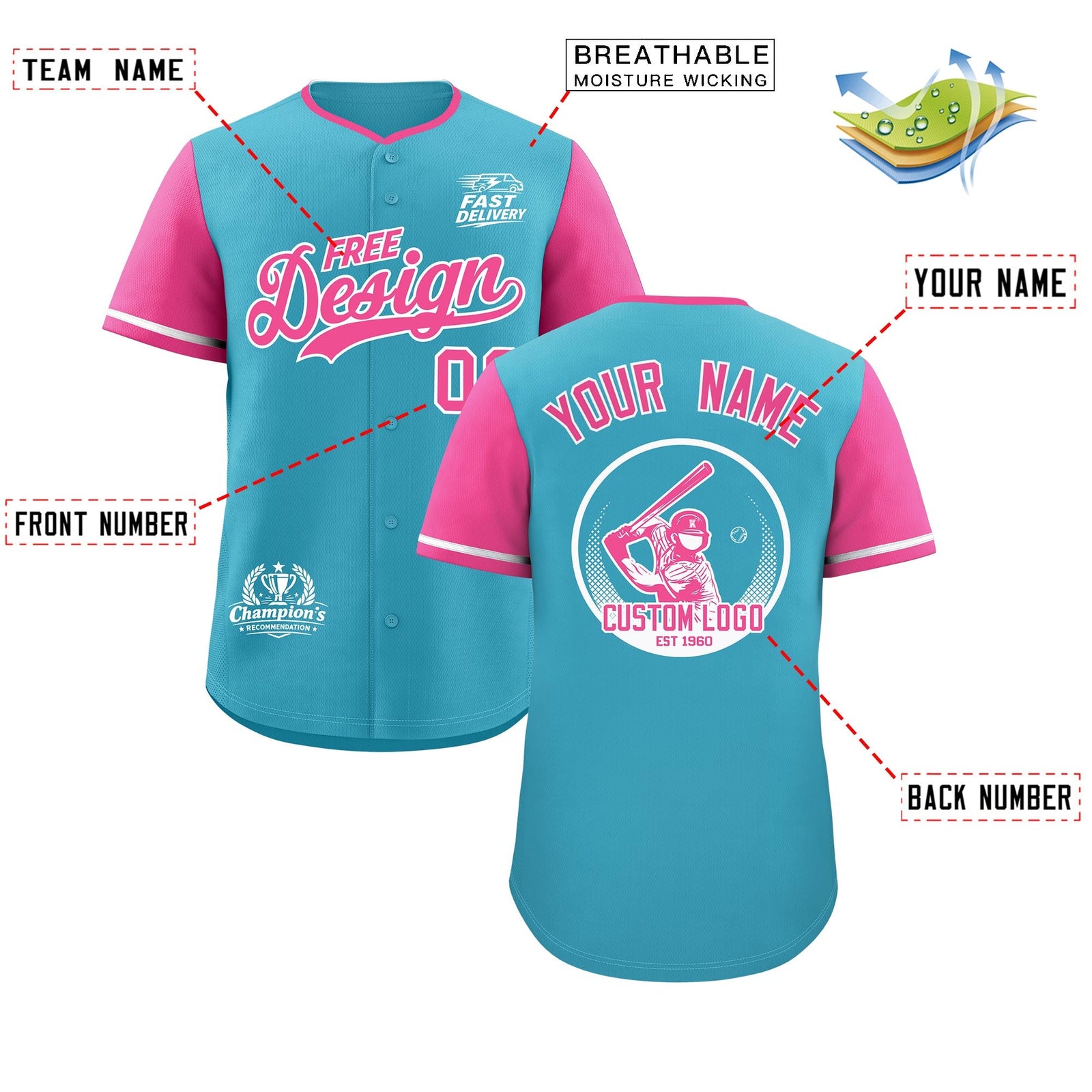 Custom Sky Blue White Pink Classic Style Stitched Sports Uniform Personalized For Teams Baseball Jersey| KXKSHOP