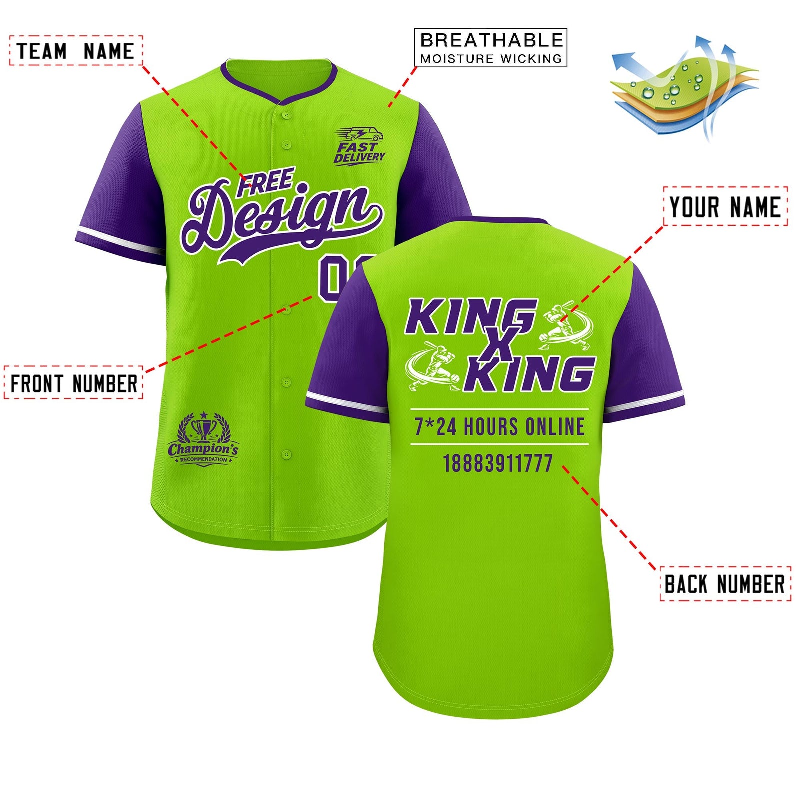 Custom Neon Green Purple Classic Style Stitched Sports Uniform Personalized For Teams Baseball Jersey| KXKSHOP