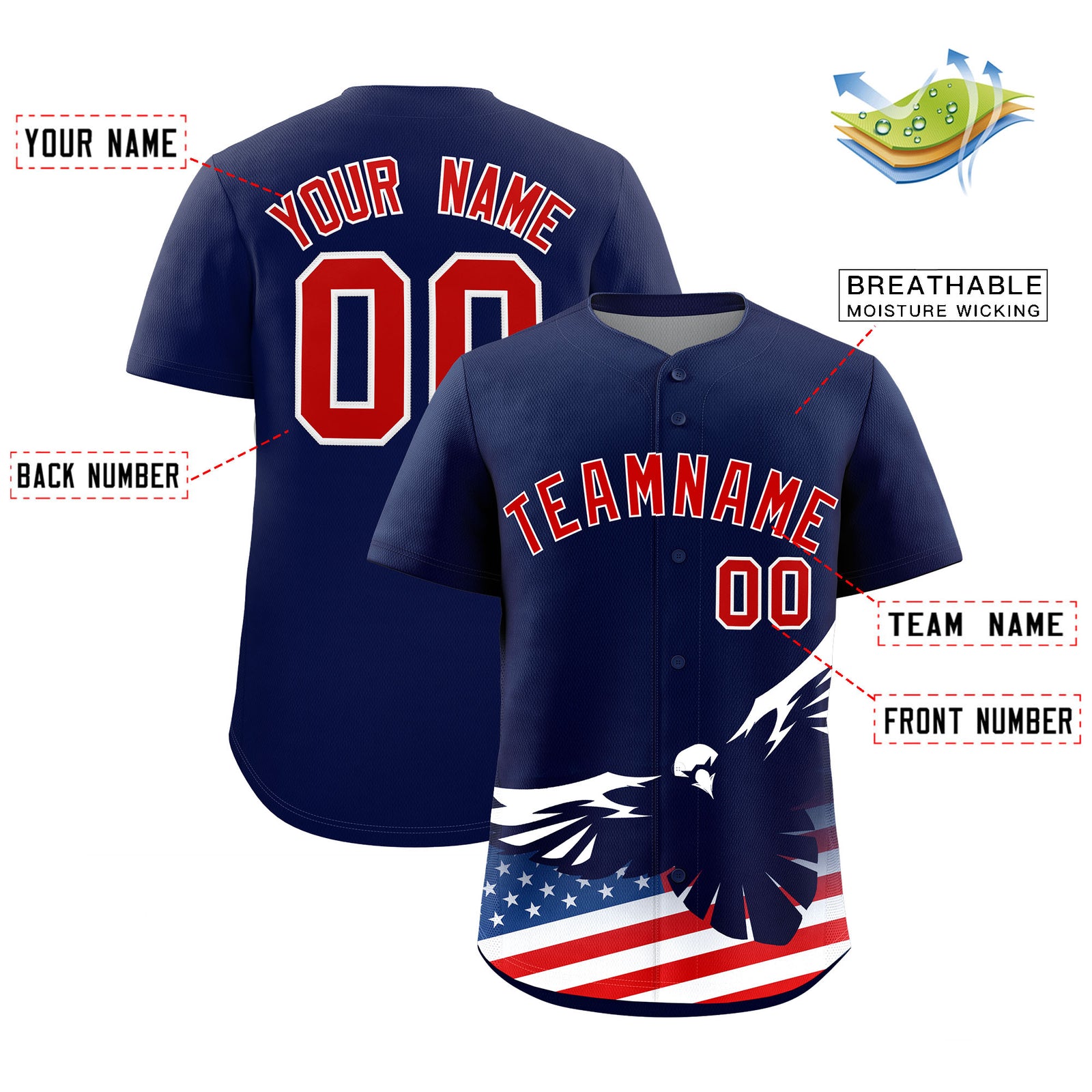 Custom Navy American Flag Eagle Personalized Baseball Jersey