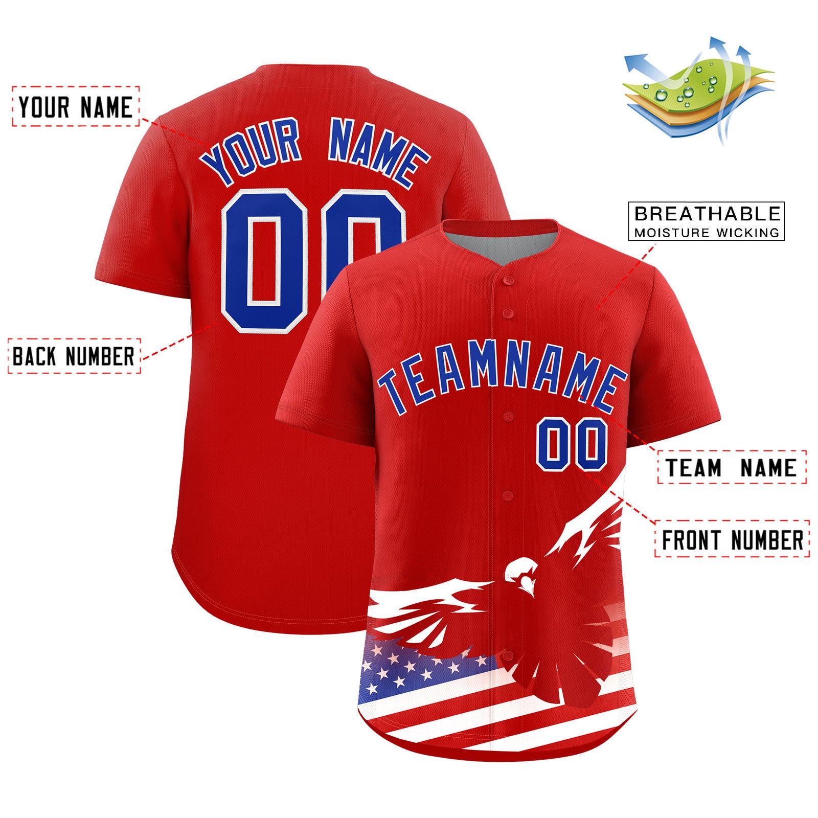 Custom Red American Flag Eagle Personalized Baseball Jersey