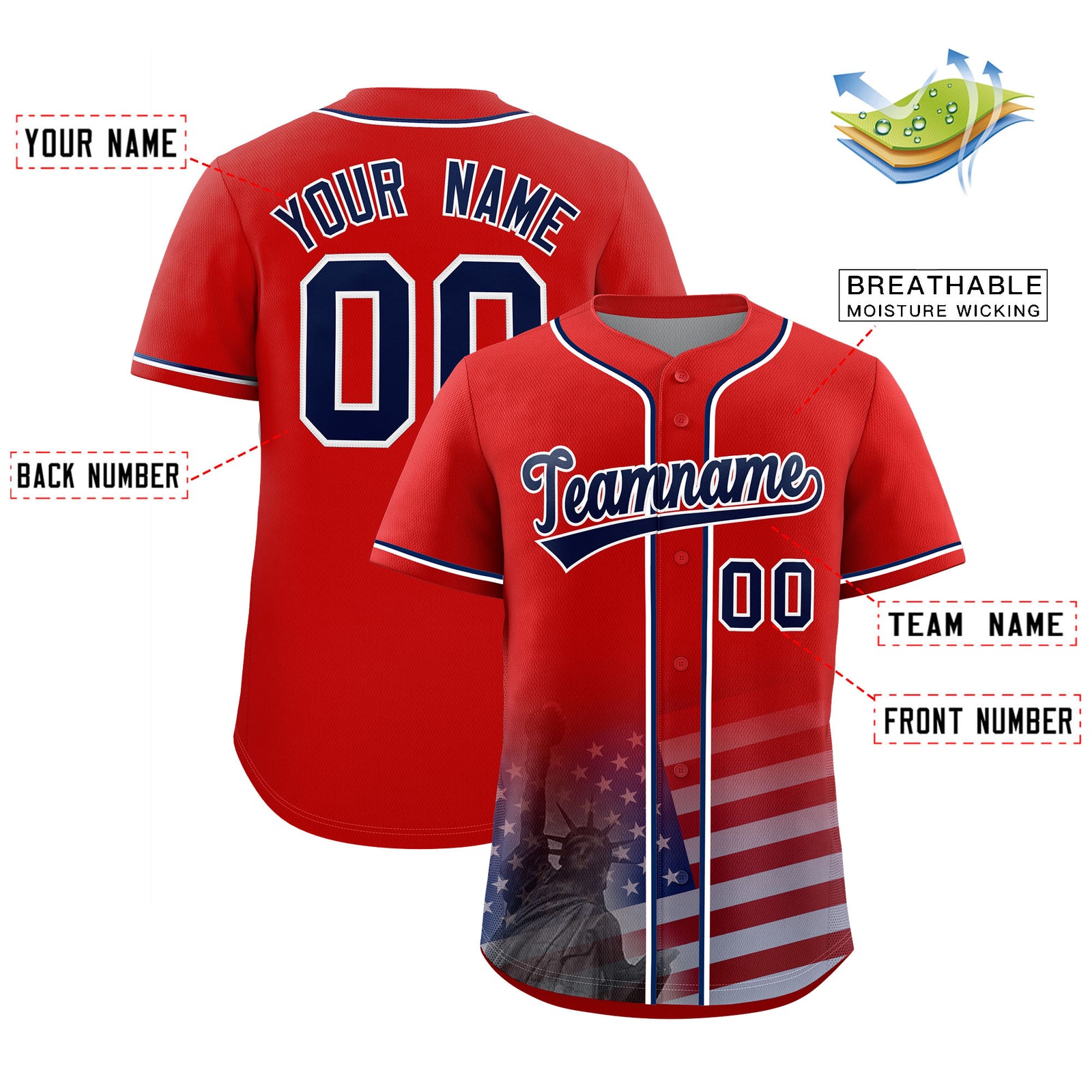 Custom Red American Flag Patriotic Personalized Baseball Jersey