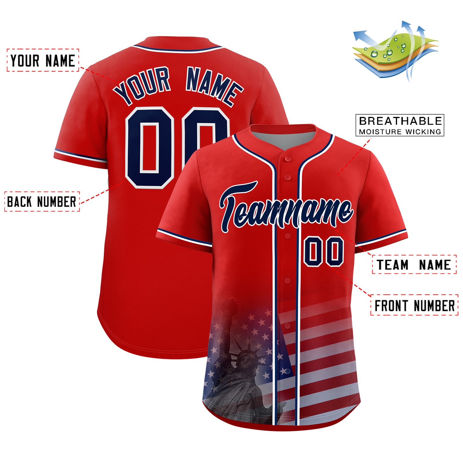 Custom Red American Flag Patriotic Personalized Baseball Jersey