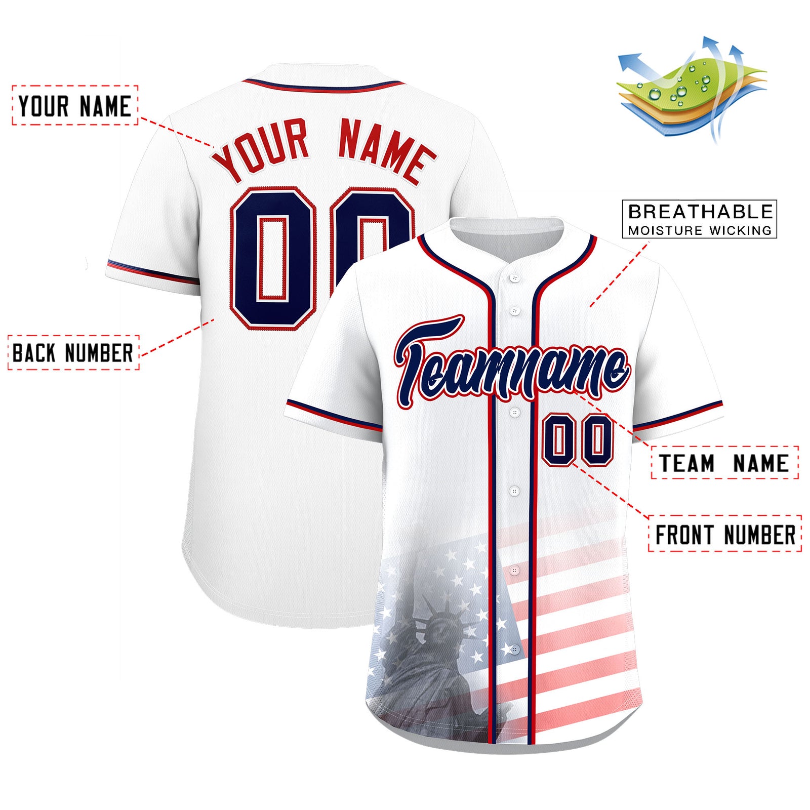 Custom White American Flag Patriotic Personalized Baseball Jersey