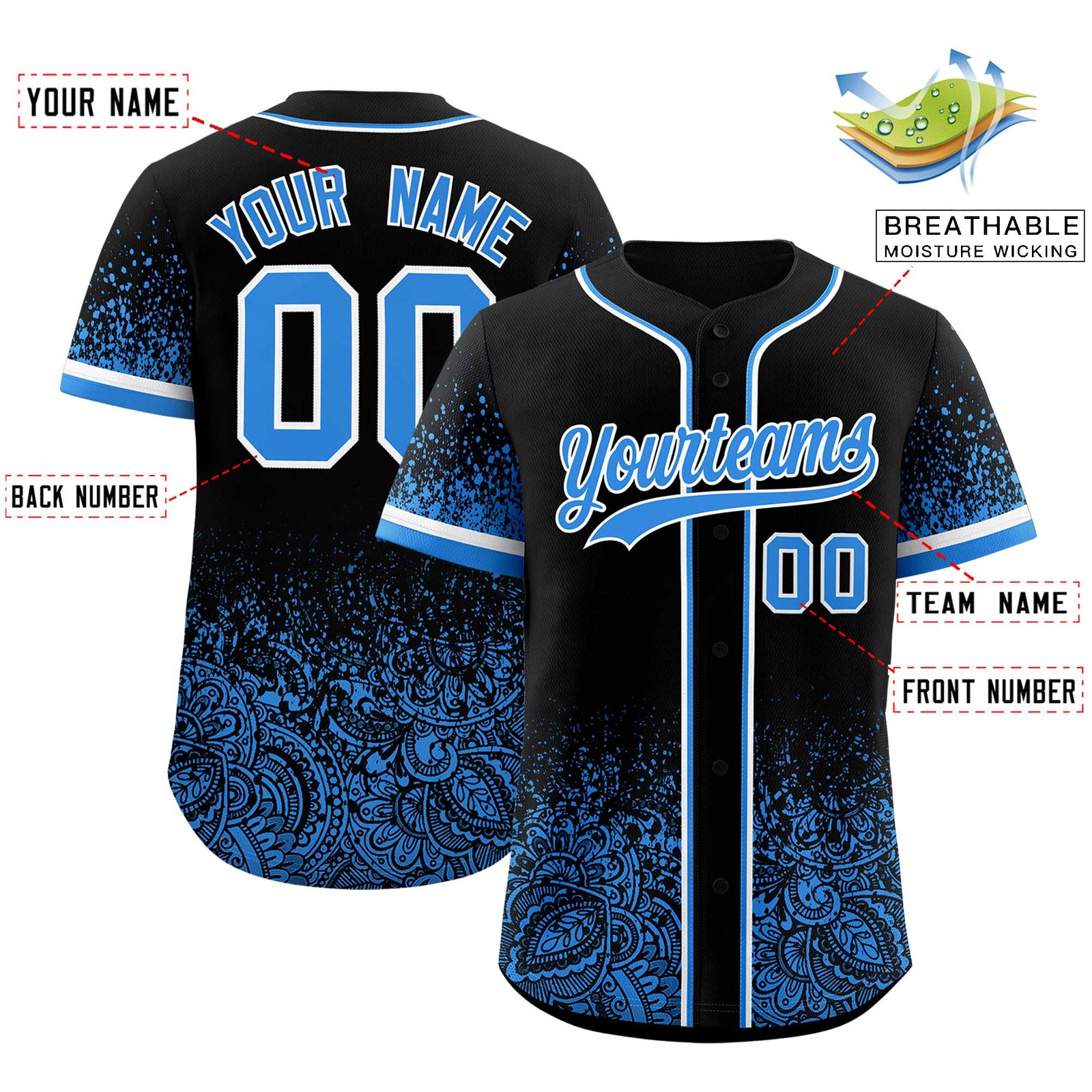 Custom Black Light Blue Floral Print Pattern Full Button Gradient Fashion Baseball Jersey