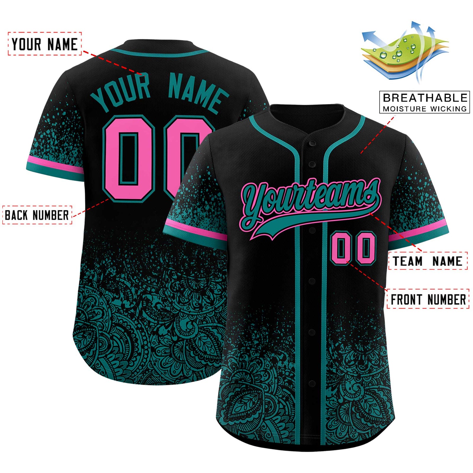 Custom Black Teal Floral Print Pattern Full Button Gradient Fashion Baseball Jersey