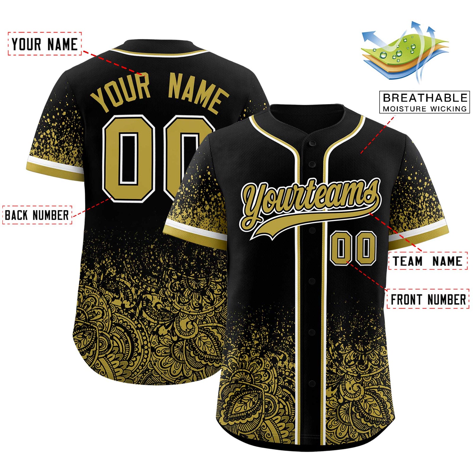 Custom Black Old Gold Floral Print Pattern Full Button Gradient Fashion Baseball Jersey