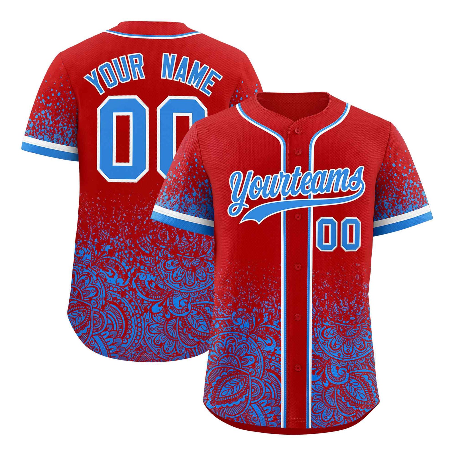 Custom Red Light Blue Floral Print Pattern Full Button Gradient Fashion Baseball Jersey