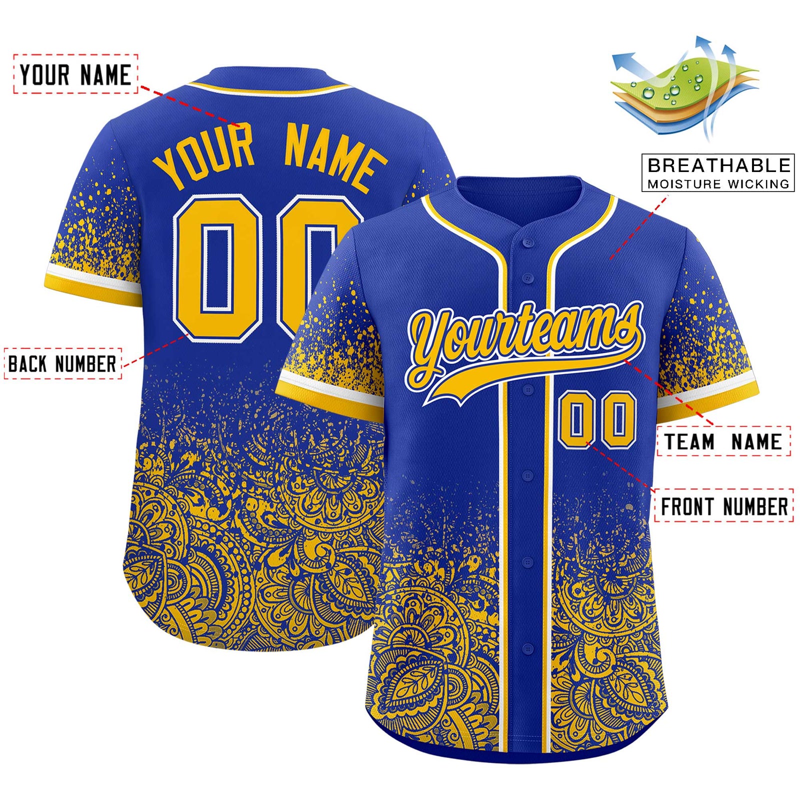 Custom Royal Yellow Floral Print Pattern Full Button Gradient Fashion Baseball Jersey