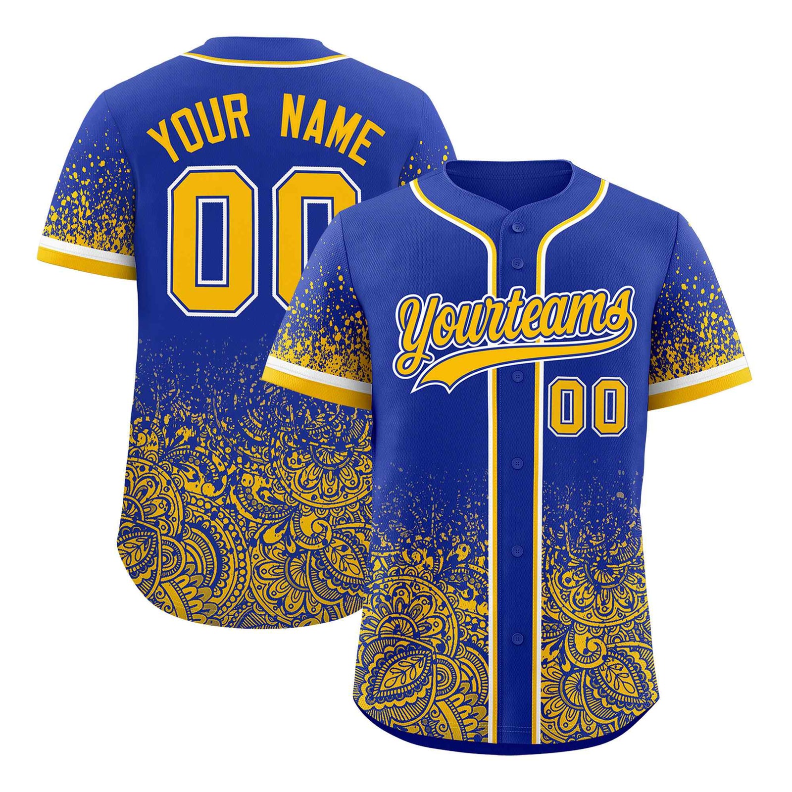 Custom Royal Yellow Floral Print Pattern Full Button Gradient Fashion Baseball Jersey
