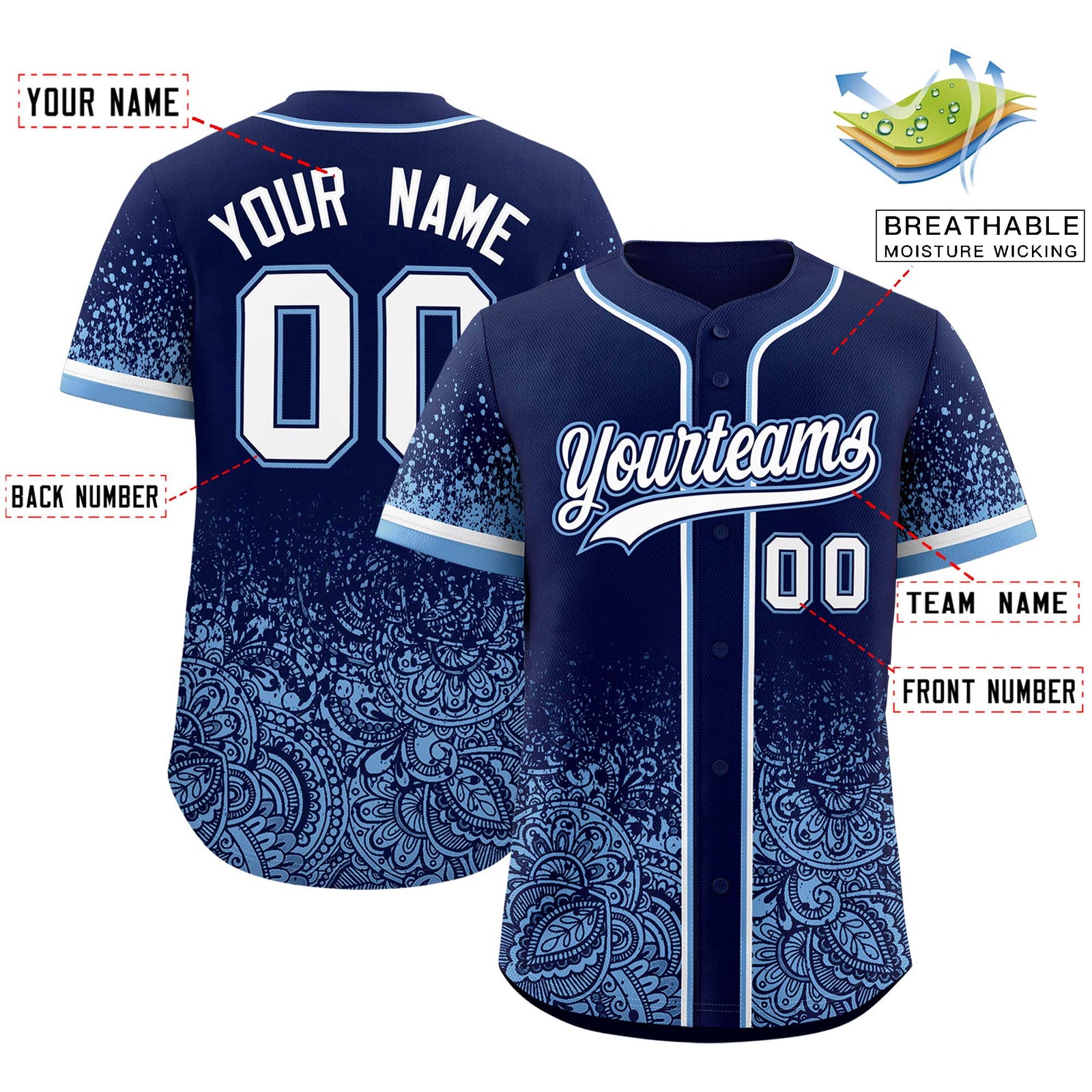 Custom Navy Powder Blue Floral Print Pattern Full Button Gradient Fashion Baseball Jersey