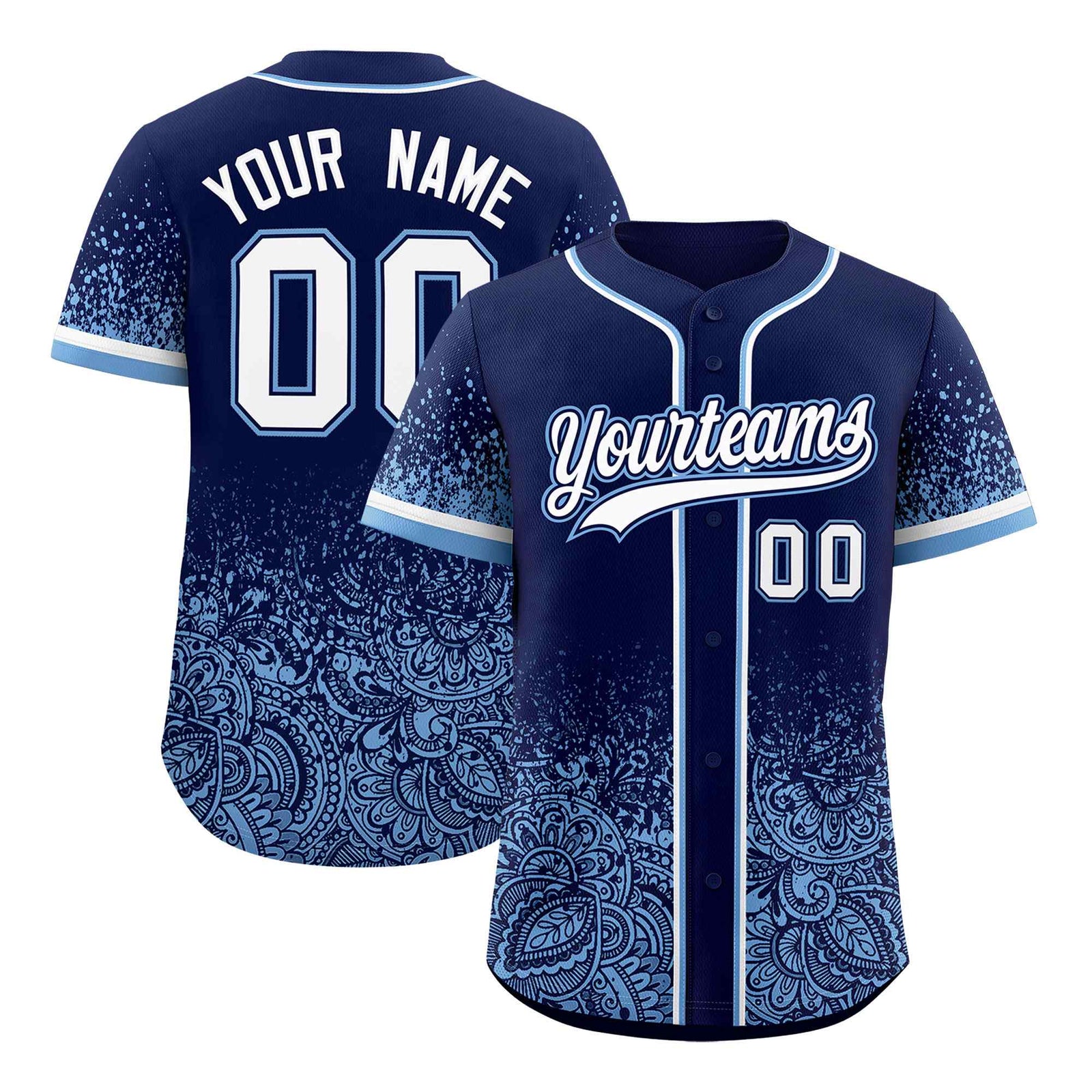 Custom Navy Powder Blue Floral Print Pattern Full Button Gradient Fashion Baseball Jersey